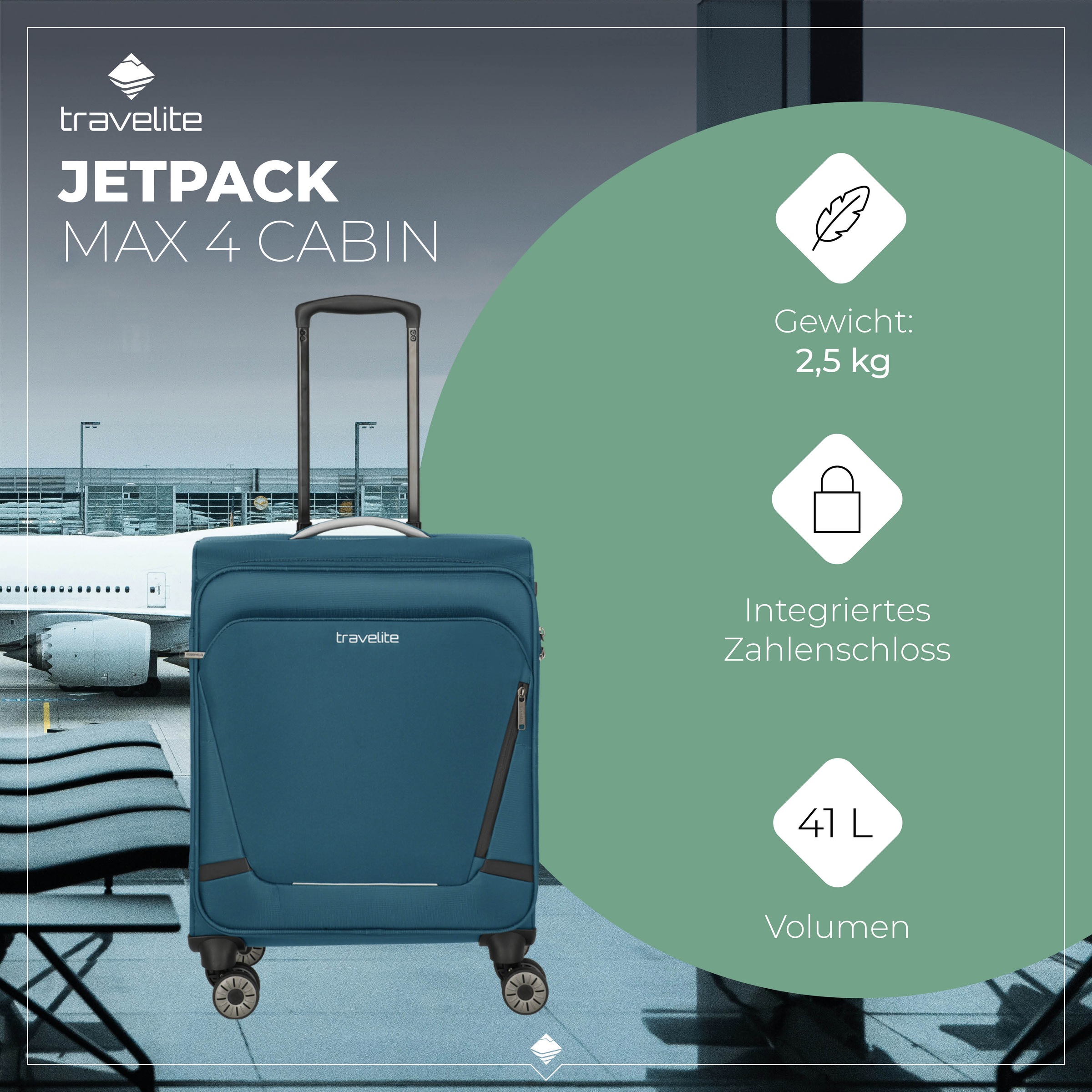 travelite Handgepäck-Trolley »JETPACK Max 4 Cabin Handgepäck Koffer« 41 l 4 Rollen Weichgepäck, passend für Ryanair, Condor und viele gängige Airlines