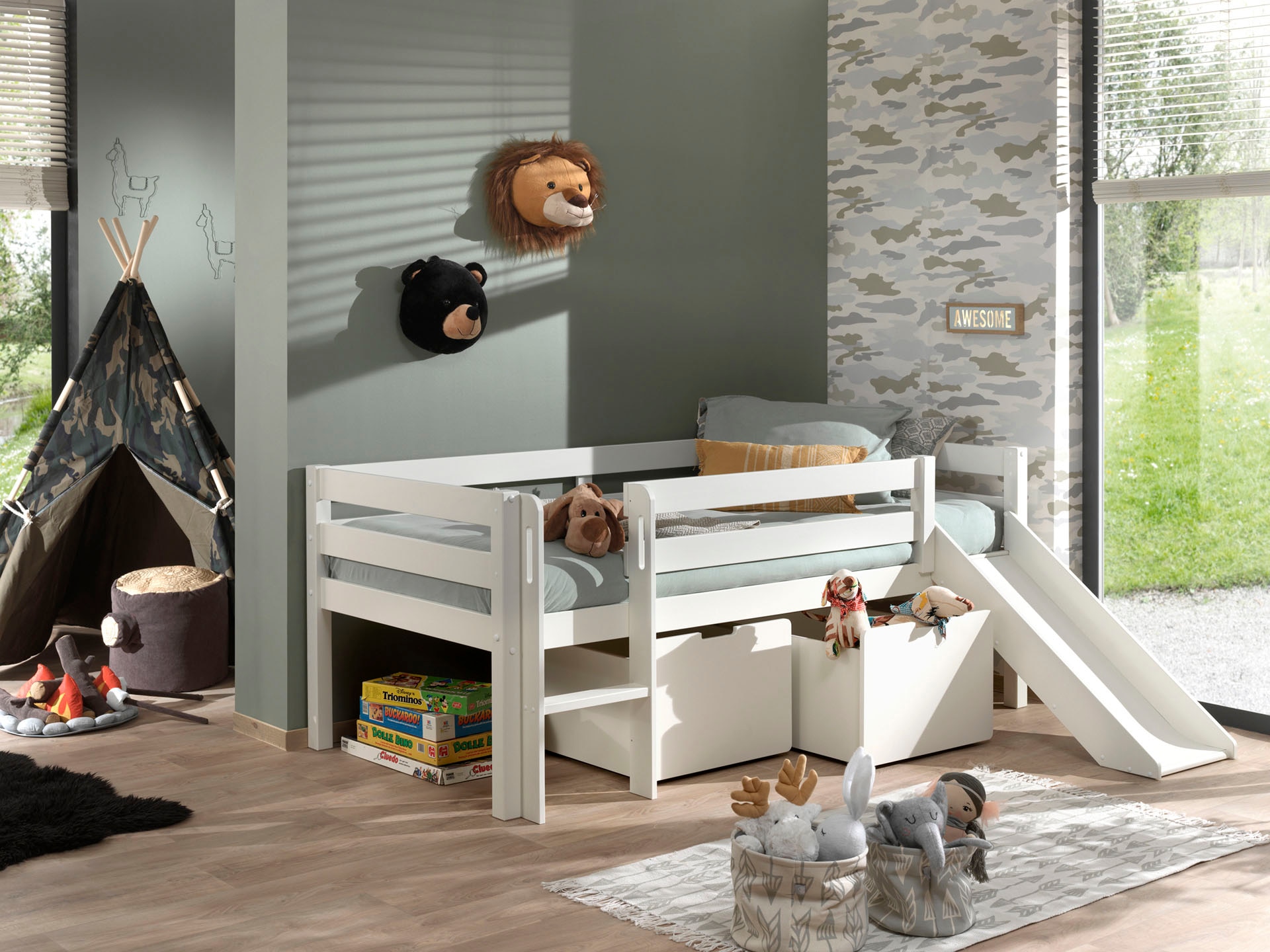 Vipack Spielbett »Pino, Kiefer massiv, mit Rolllattenrost, 2 Rollboxen, Made in Europe« B/H/T ca. 207,6x83x175cm, inkl. Leiter, Absturzschutz und Rutsche,  wahlweise mit oder ohne Hängeregal, 2 Farben zur Auswahl