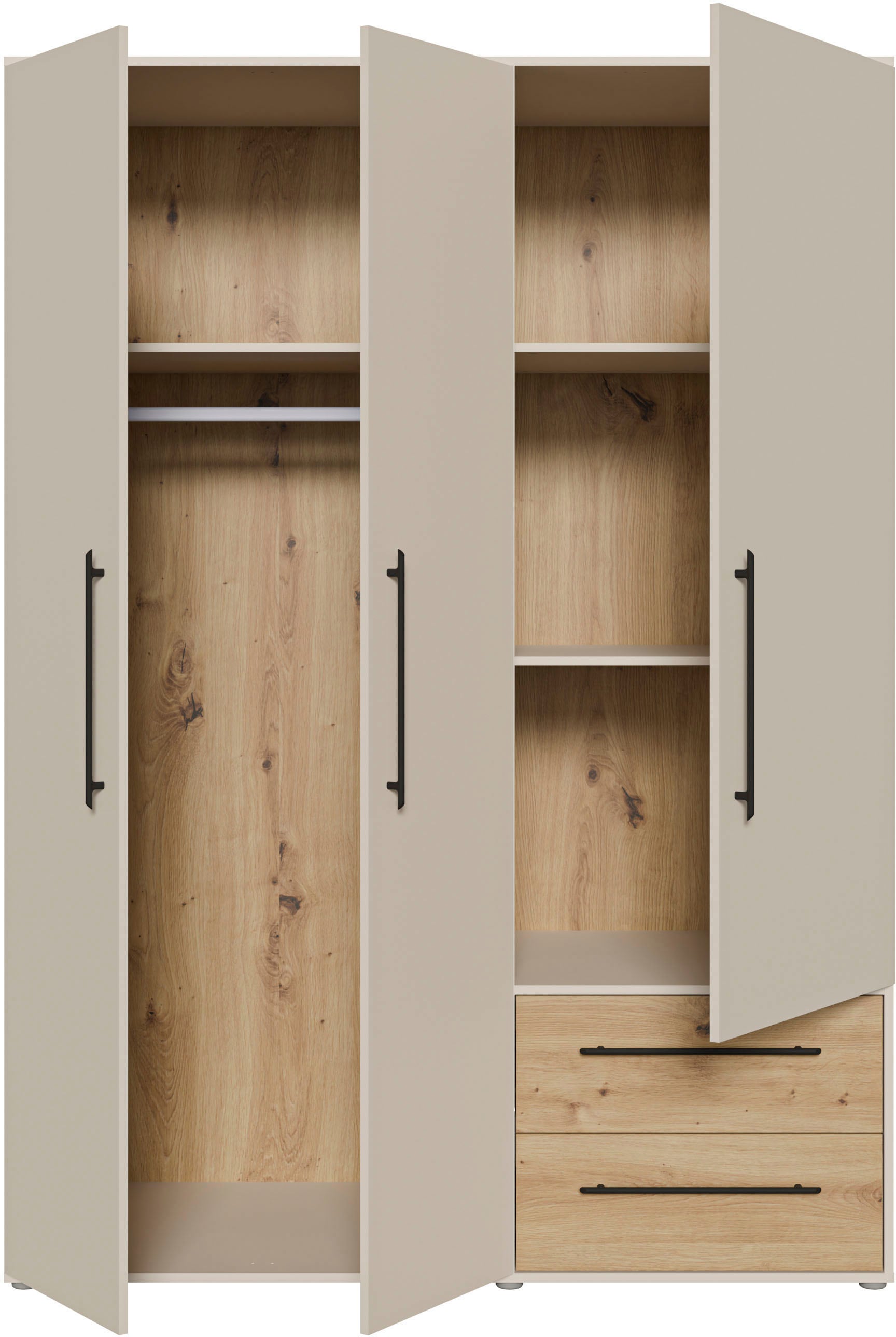 FORTE Armoires à vêtements »Mokkaris , Garderobe, zeitloses Design, 3 Türen, Made in Europe« L/H/P env. 144x200x59 cm,  Deux tiroirs, poignées barres noires, rangement, aussi en noir