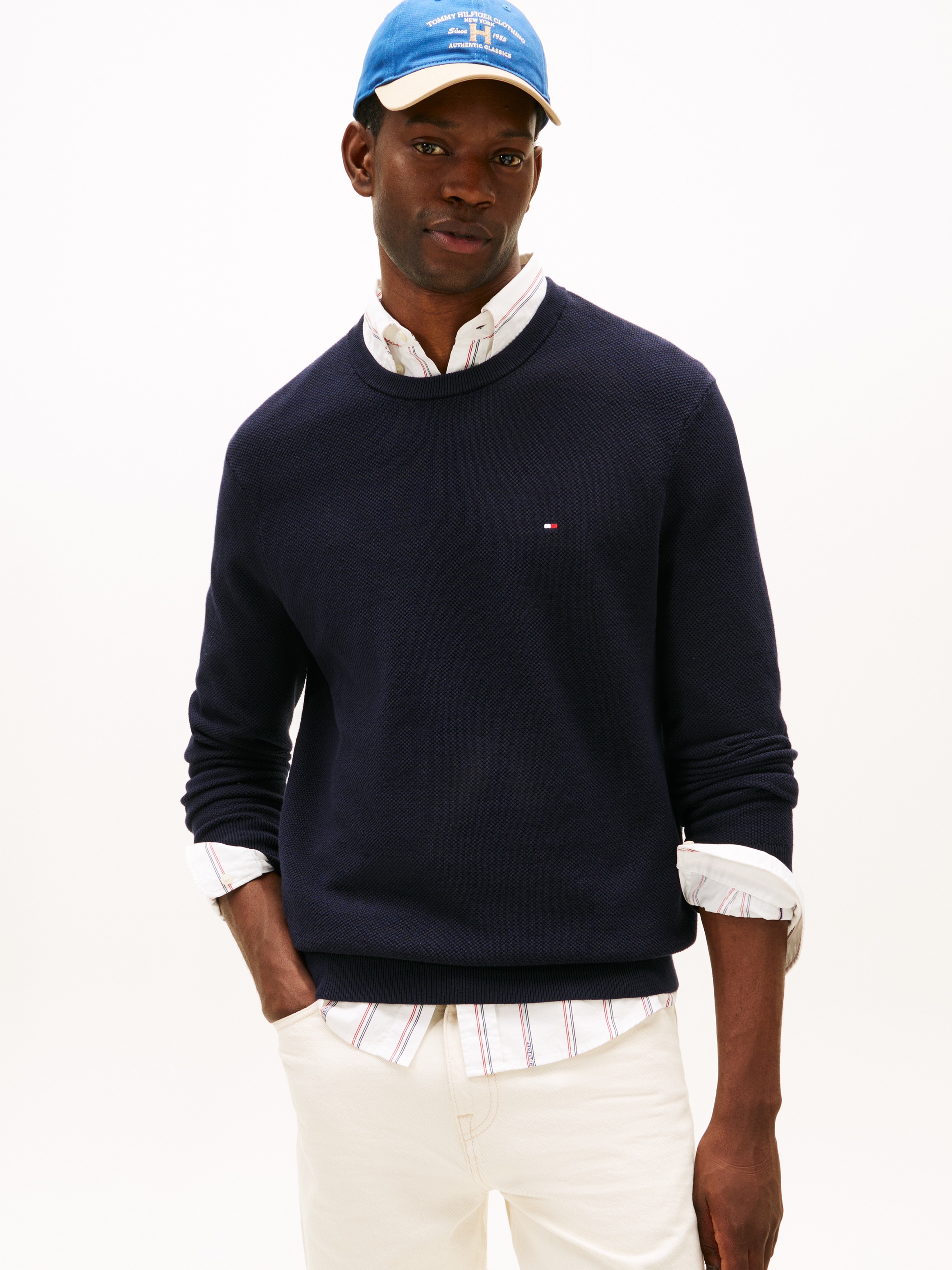 Tommy Hilfiger Pull à col rond »ESSENTIAL STRUCTURE CREW NECK mit Struktur und Label« unifarben, casual, regular fit, Baumwolle, Rundhals