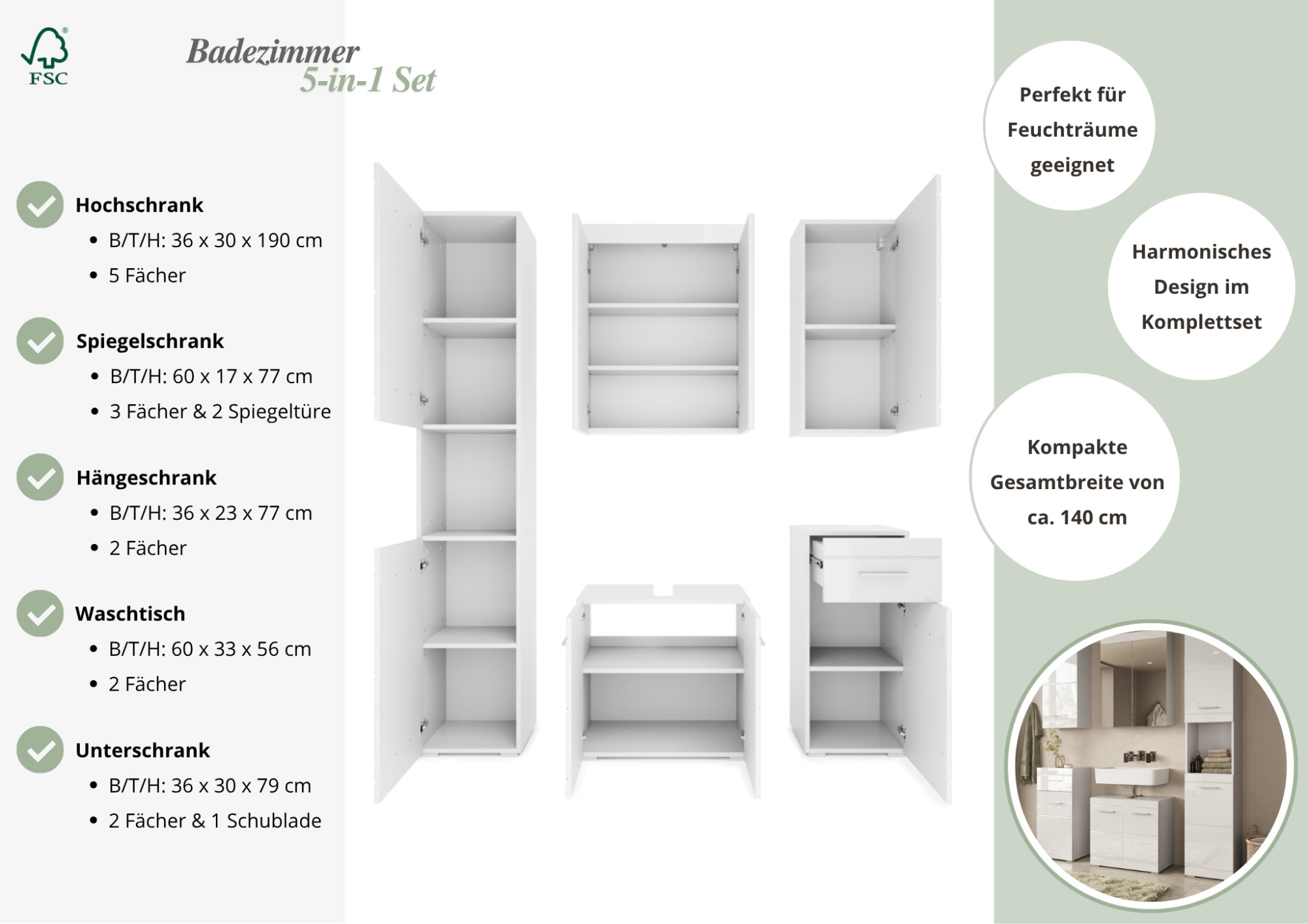 GOODproduct Ensemble de meubles de salle de bain »Föhr« Ensemble, 5 cuis tlg.