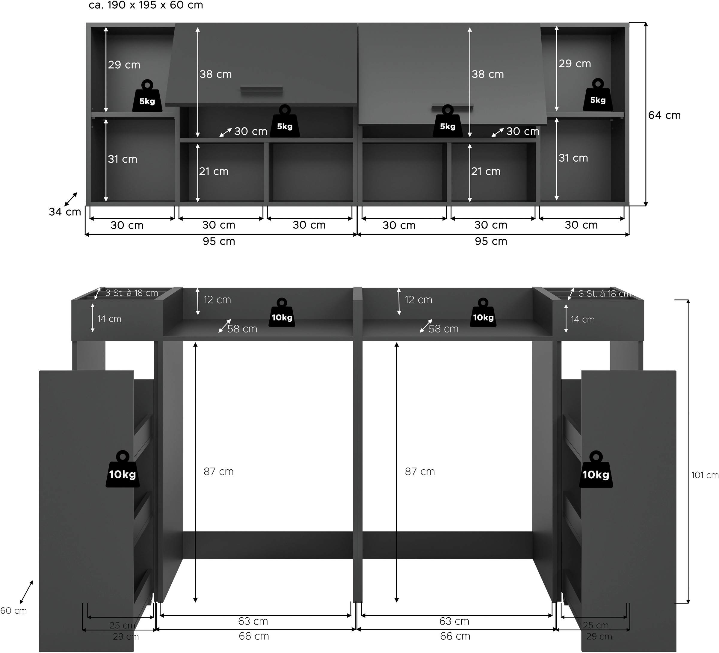 welltime Badmöbel-Set »FALAS, TOPSELLER!, 6-teilig, Hauswirtschaftsraum Set, Breite 190 cm« Set, 2x Waschmaschinenumbauschrank, 2x Standregal & 2x Hängeschrank, 6 Stk. tlg.