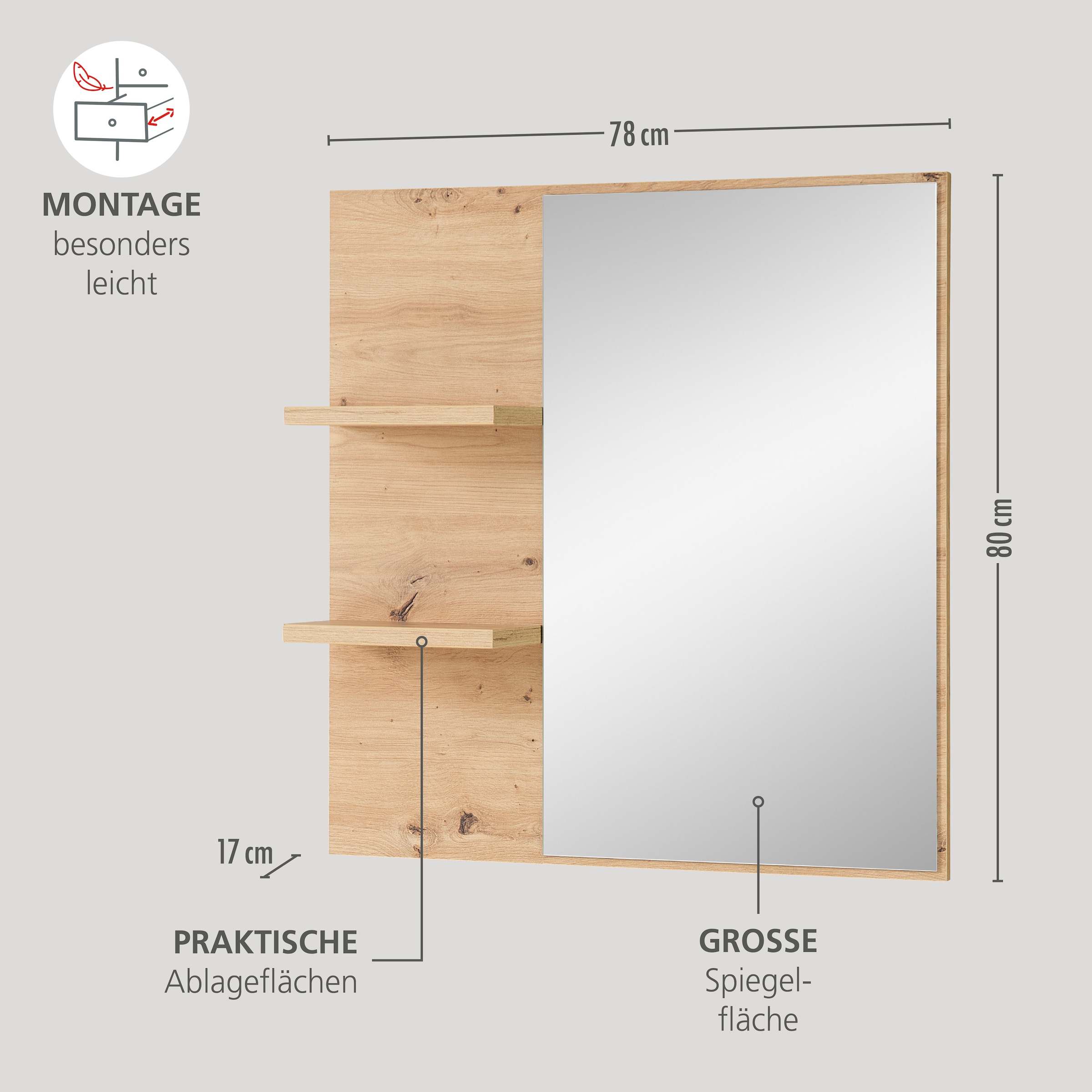 Innostyle Miroir de vestiaire »BARI Wandspiegel« Surface miroir 78 x 80 cm, 2 étagères