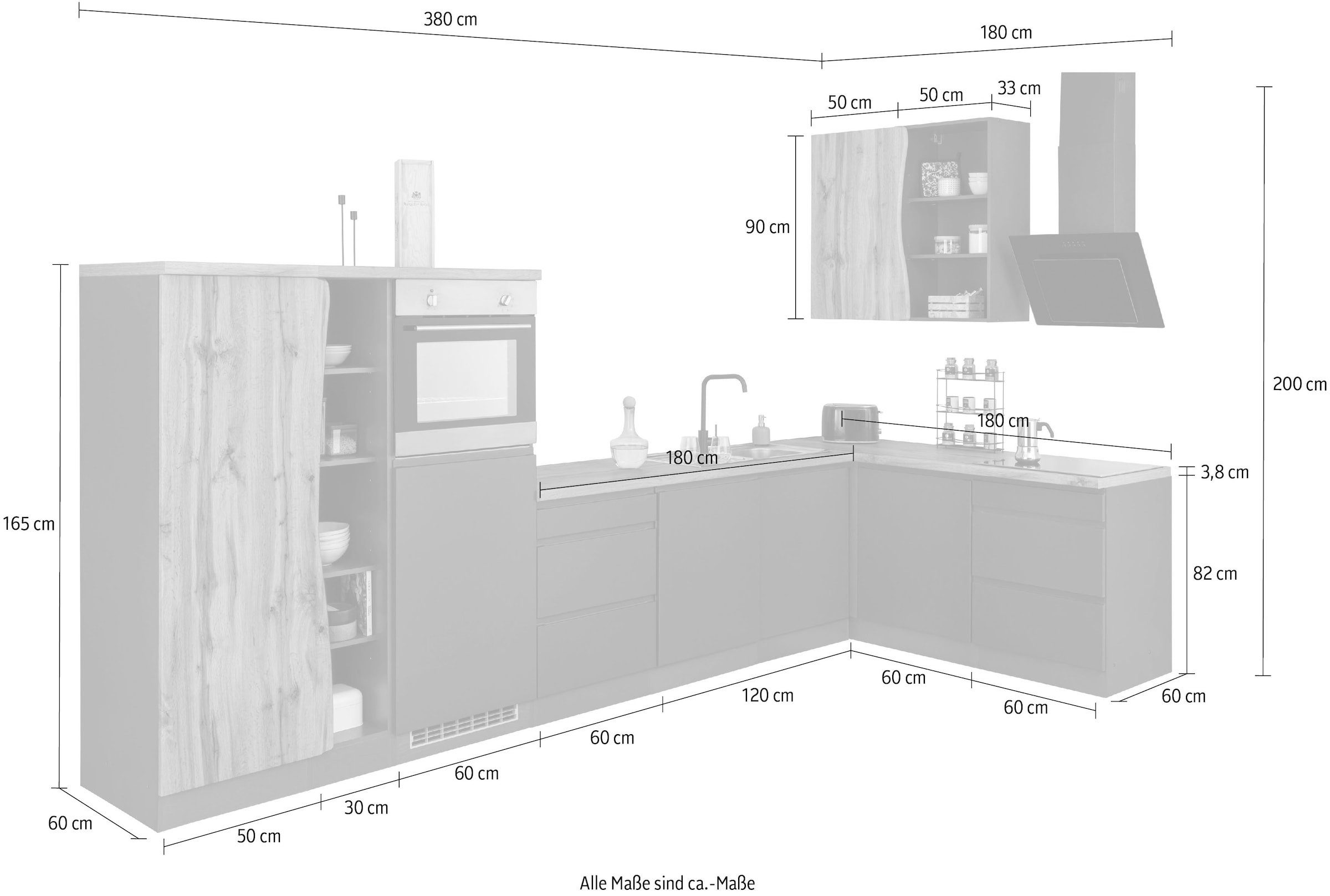 KOCHSTATION Winkelküche »KS-Bruneck« Stellbreite 380/180 cm breit, ohne E-Geräten, MDF Fronten