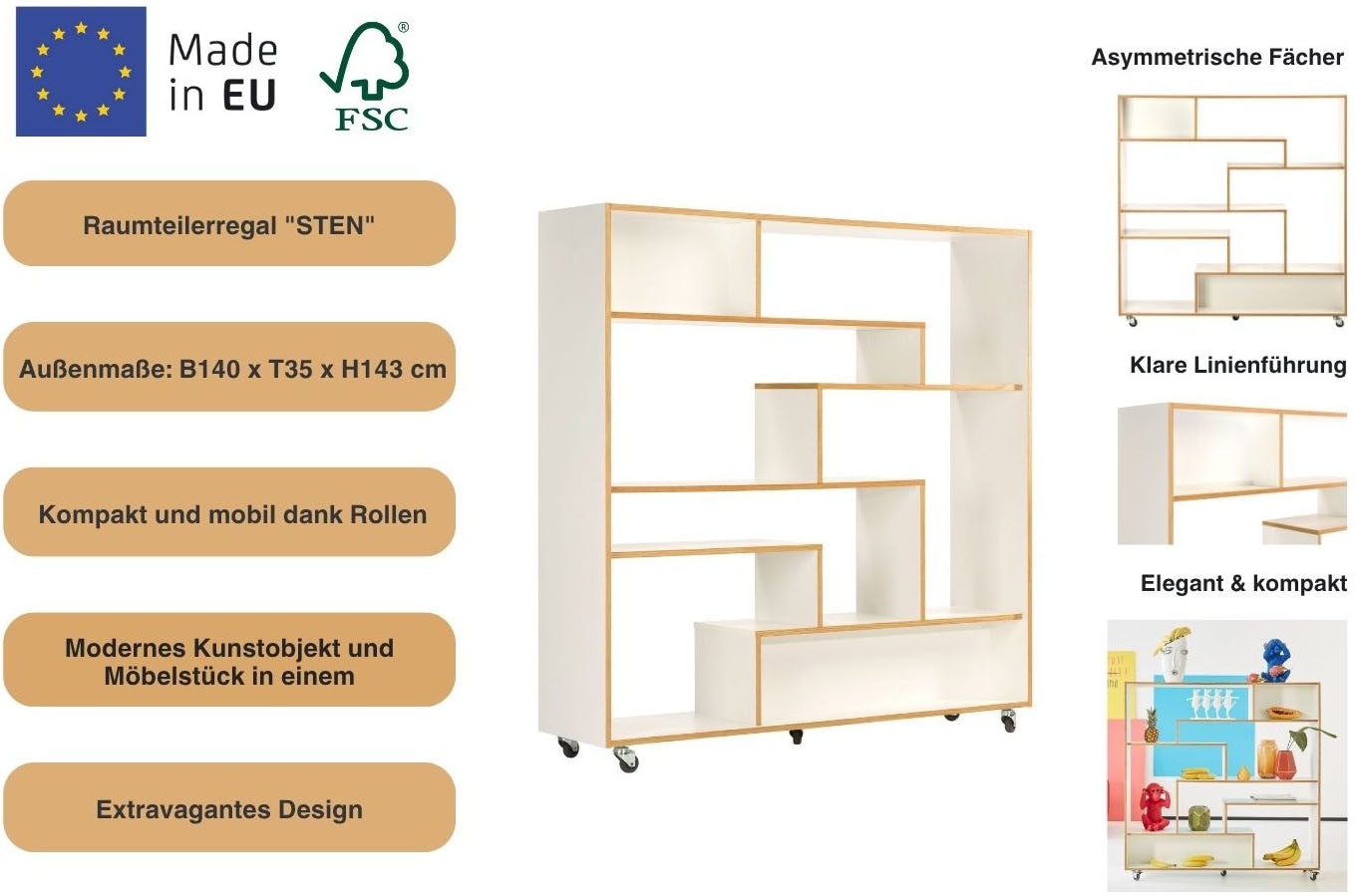 andas Étagère de séparation »Sten, Bücherregal, Standregal, Regal, Raumteiler« auf Rollen, mit viel Stauraum, FSC®-zertifiziert