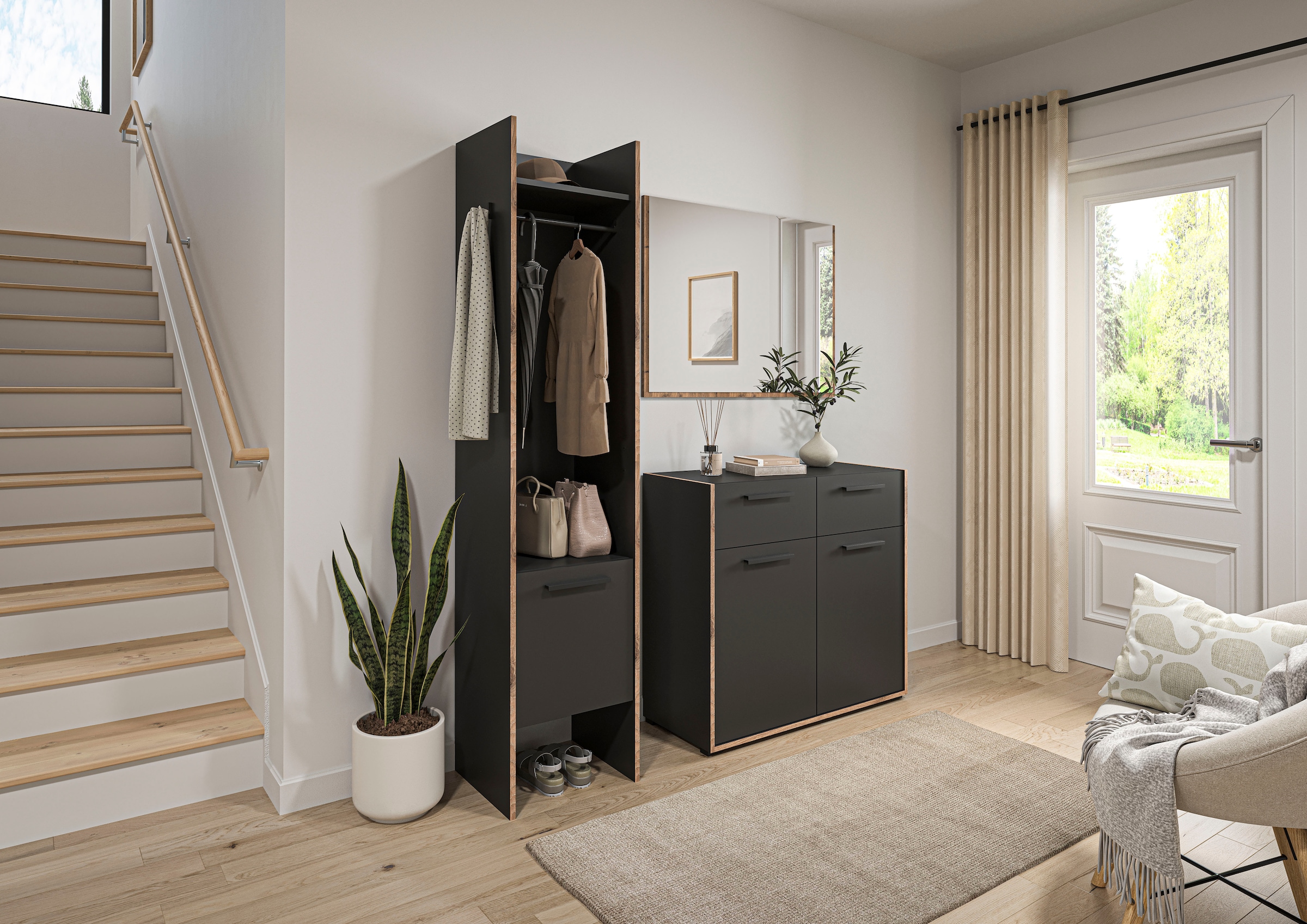 Home affaire Garderoben-Set »MUSTA, 3-teilig: Garderobenschrank, Kommode & Garderobenspiegel«