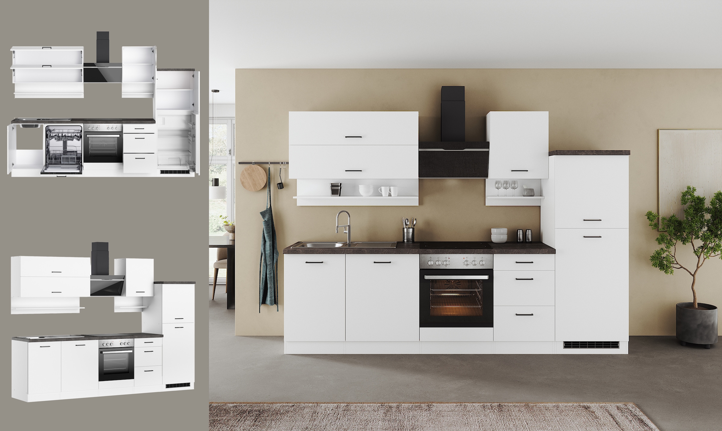 KOCHSTATION Kitchenette »KS-Frieda Breite 280 cm« au choix avec appareils électriques, avec plan de travail épais de 38mm