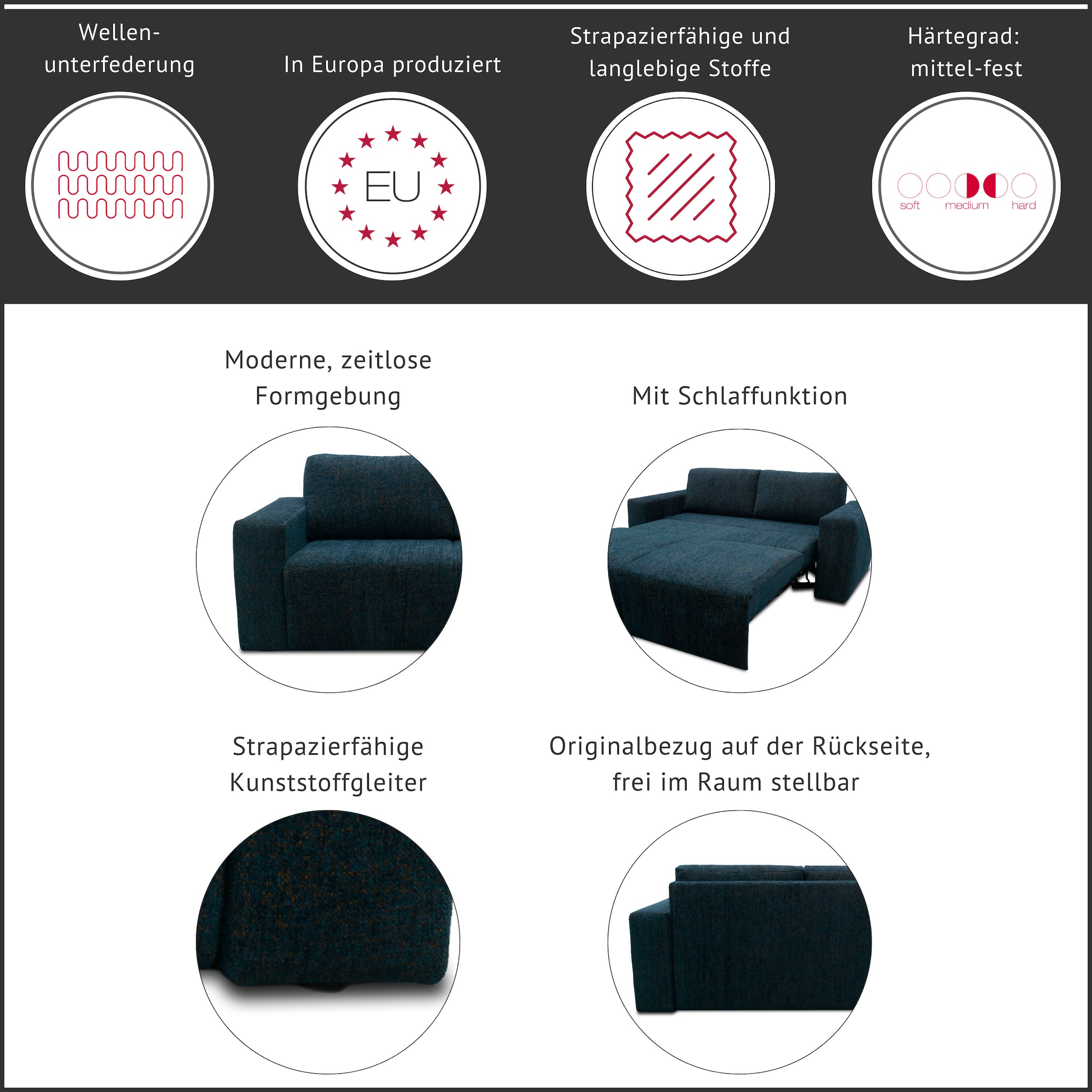 DOMO collection 2-places »Nerio, 207 cm breit, minimalistisch, modern, formatabile Polsterung« Ausziehbar, Schlaffunktion