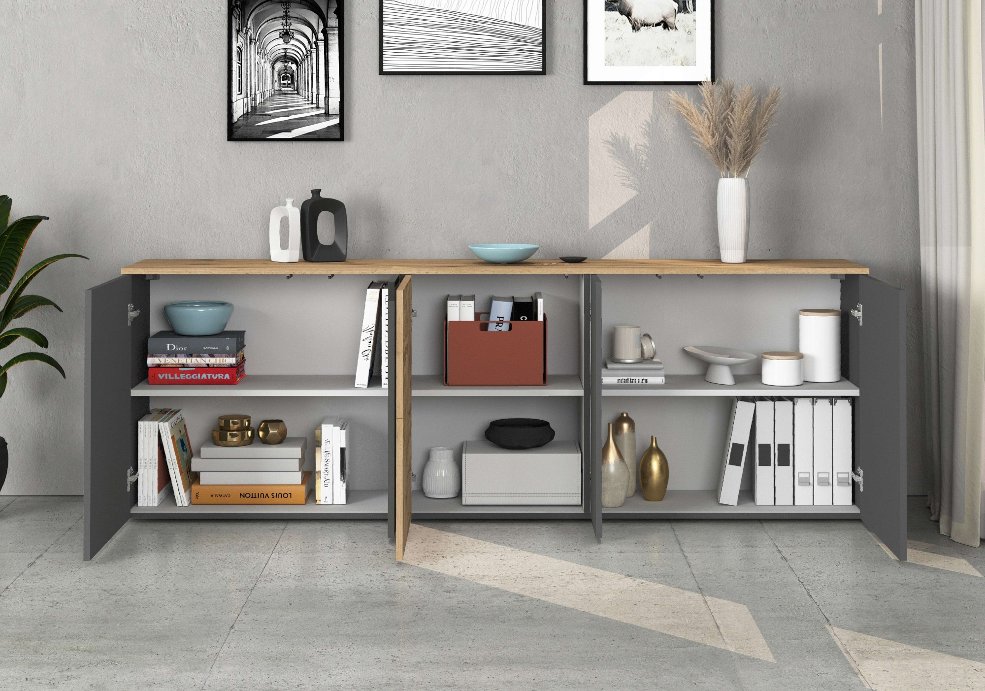 GOODproduct Sideboard »ISEO, Kommode, Schrank, Sideboard, Lowboard, 6 Fächer, Breite 200 cm« 1 cuis tlg. stehend/hängend, 5 Türen, 6 Fächer, Breite 200 cm