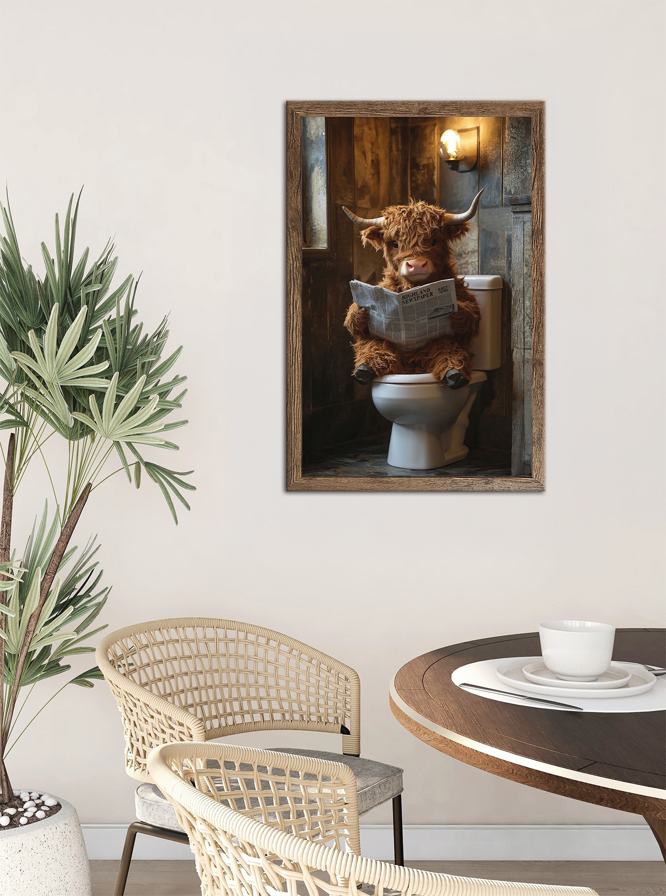 Bönninghoff Tableau avec cadre »Wandbild gerahmt HIGHLAND NEWS 50x70 cm – Lustiges Hochlandrind Bad« Animaux | Bœuf des Highlands | Humour 1 cuis tlg. avec cadre décoratif