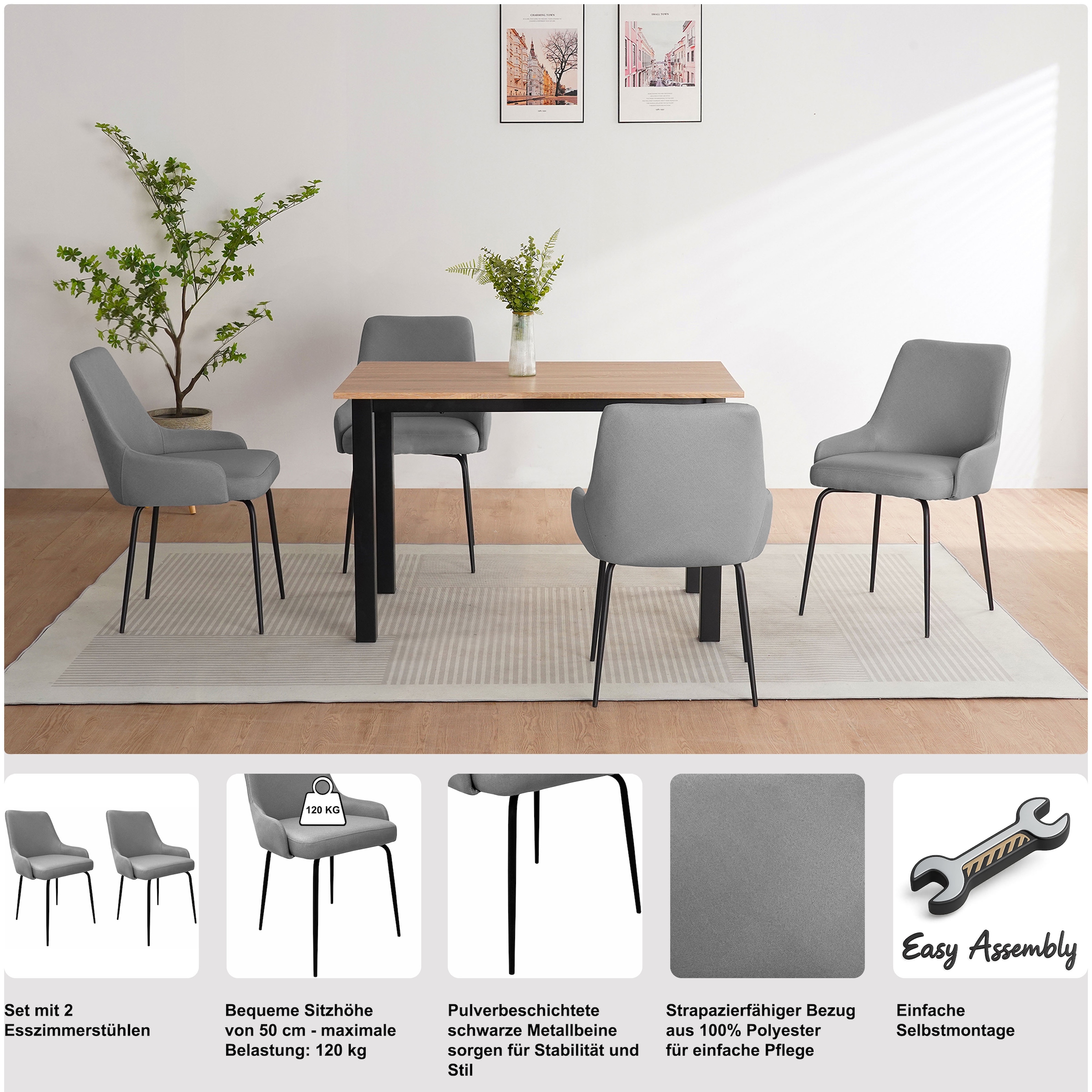 GOODproduct Chaise de salle à manger »Cillian« (Set) 2 cuispflegeleichter Webstoff, schwarze Metallbeine, Sitzbreite 46 cm