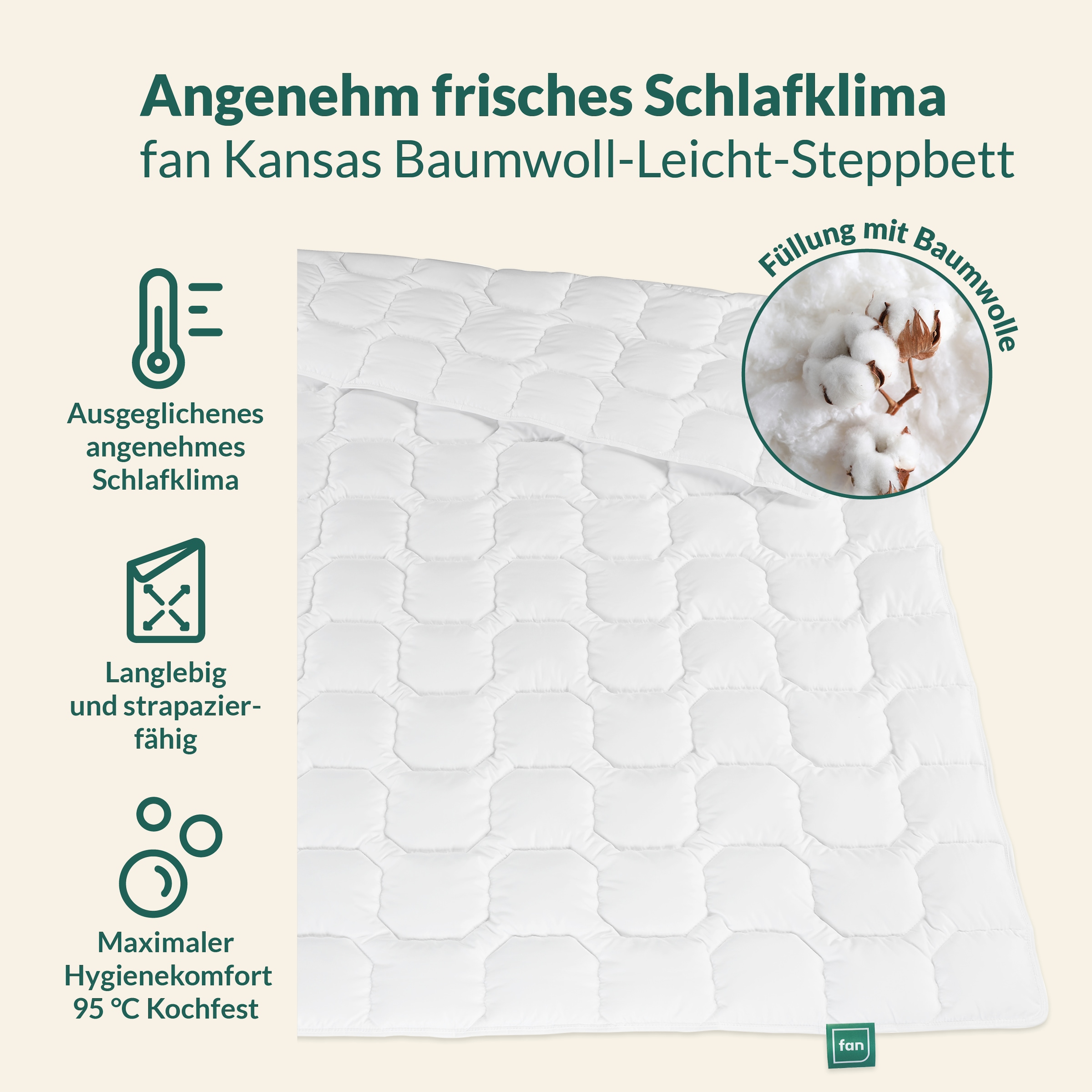 fan Baumwollbettdecke »Kansas, Bettdecken für Sommer und Winter, Decke« leicht Füllung 100% Baumwolle 1 Stk. tlg. Bettdecke 135x200 cm, 155x220 cm und weiteren Grössen, Made in Germany