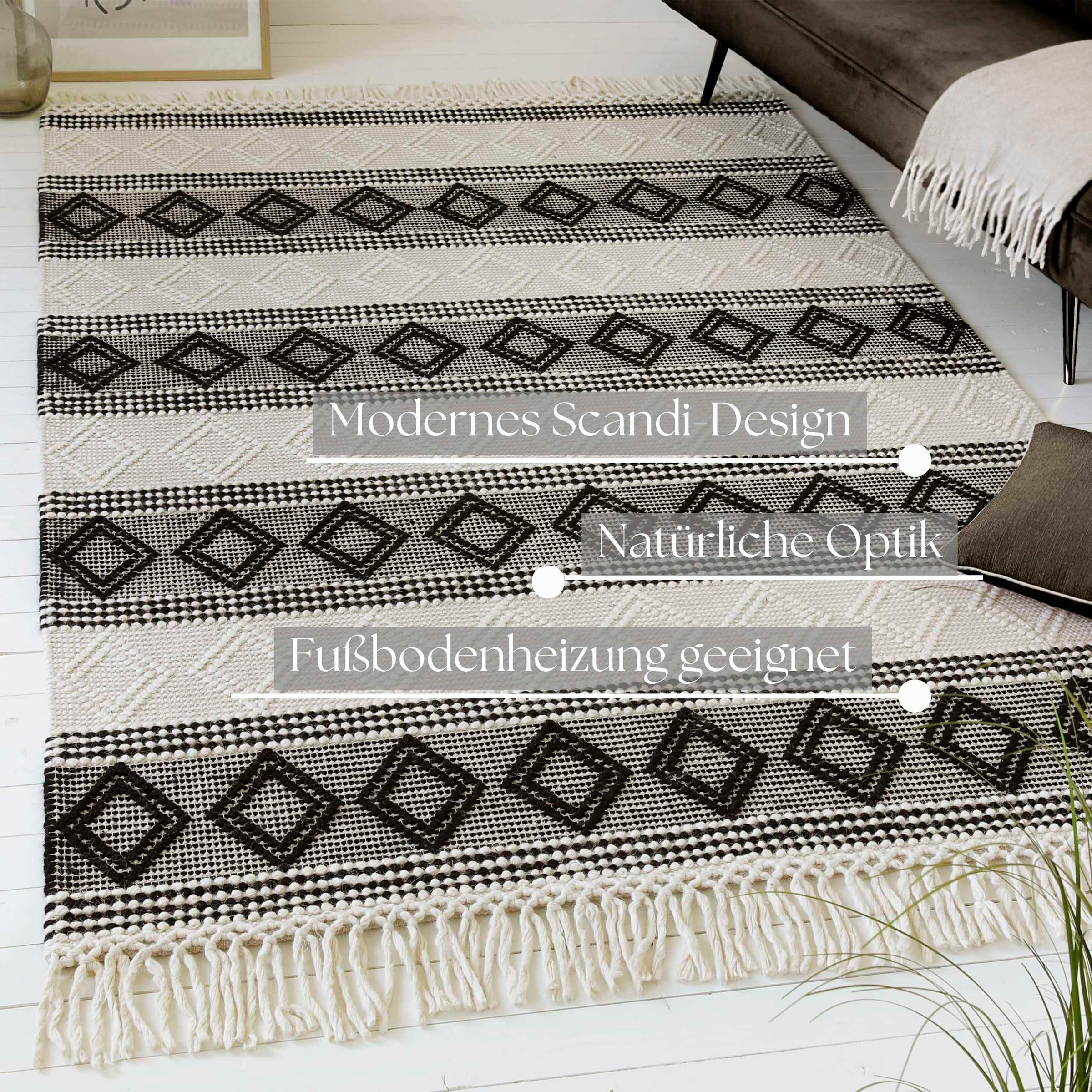 GOODproduct Teppich »Jorvik« rechteckig 8 mm Höhe Kurzflor, Wolle, handgewebt, mit Fransen, Schlafzimmer