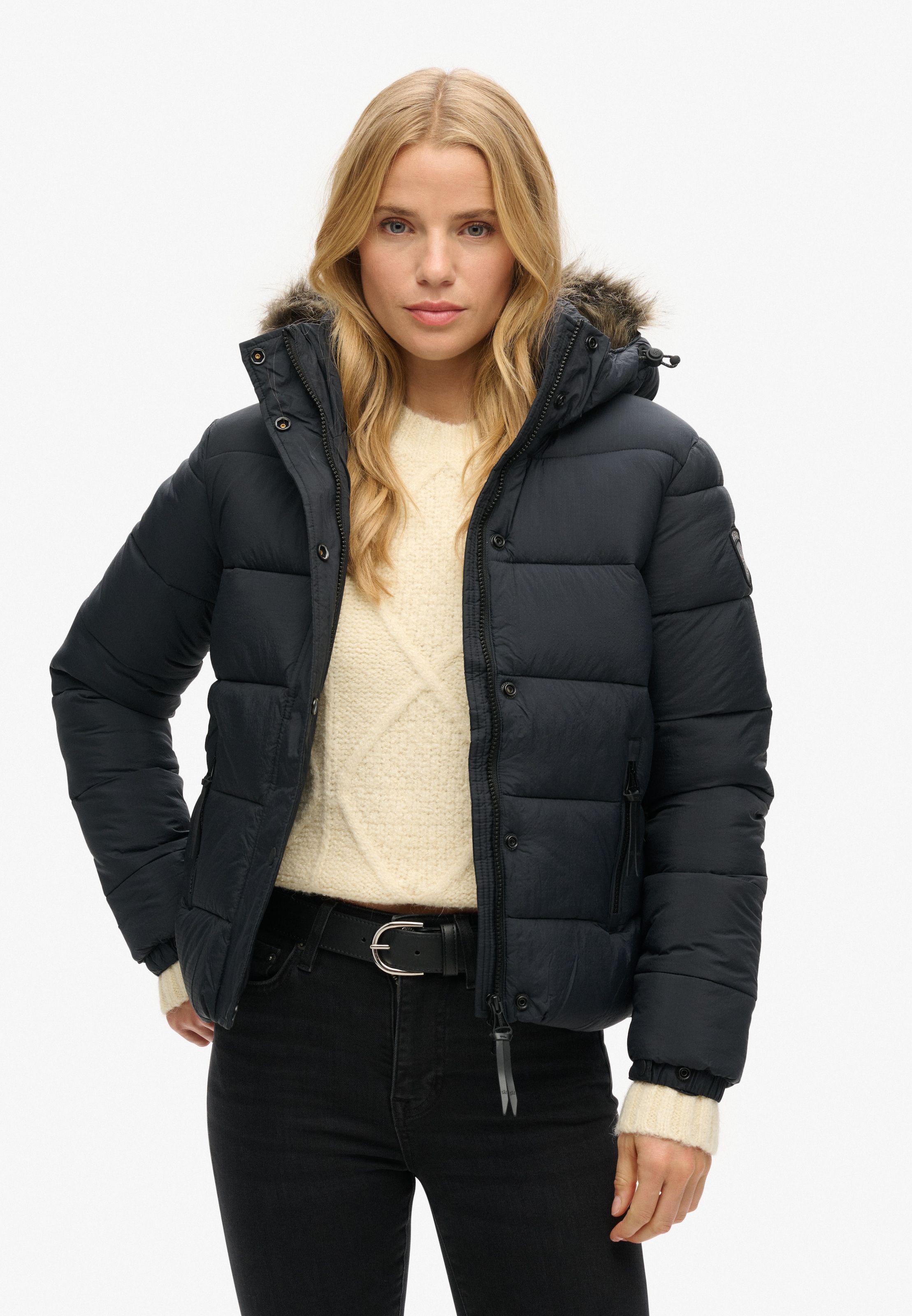 Superdry Steppjacke »FAUX FUR SHORT HOOD PUFFER« mit Kapuze