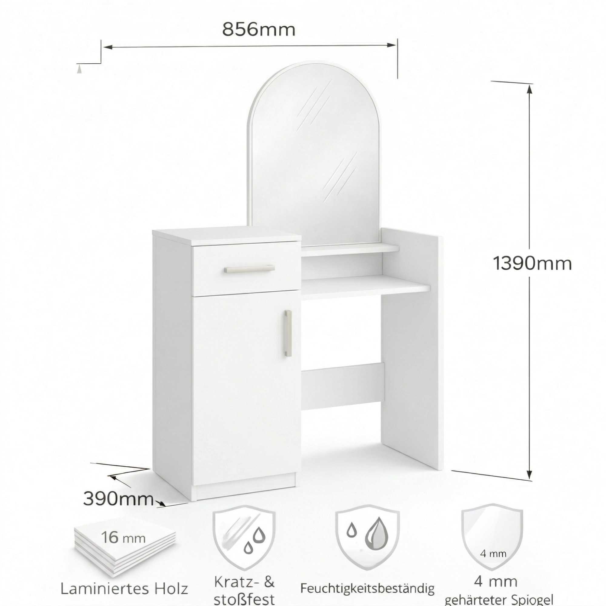 GOODproduct Schminktisch »Trympo 1, Kosmetiktisch, Frisiertisch, Schminkkommode, Toilettentisch« Schminktisch mit Spiegel und Stauraum (1 Schublade, 1 Tür)