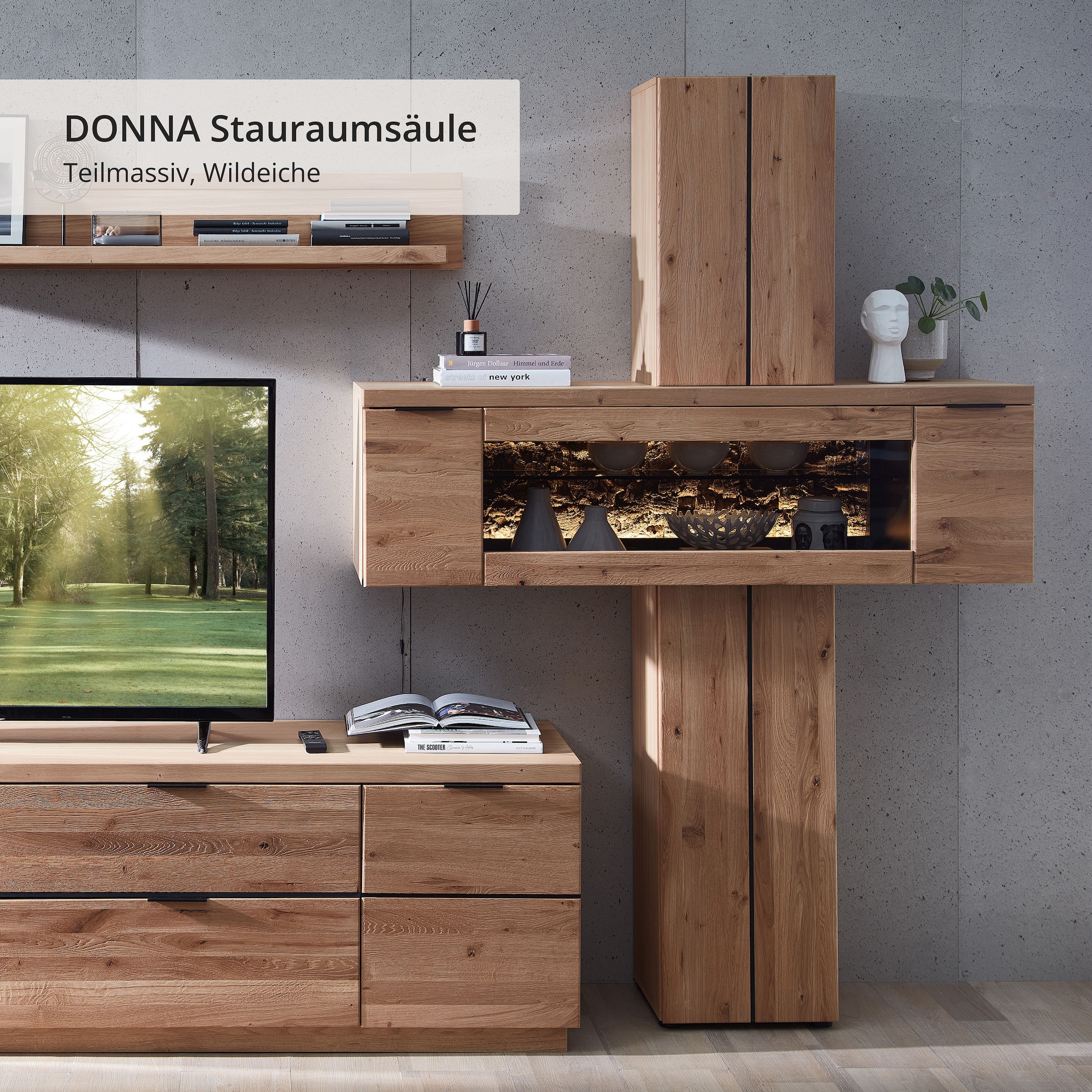 Wohnconcept Vitrine de rangement »Donna Stauraum-Säule, 140x203x42 (BxHxT)« 1 cuis tlg. Beleuchtung bestellbar, 2 türig, Echtkork Absetzung, L/R verwendbar