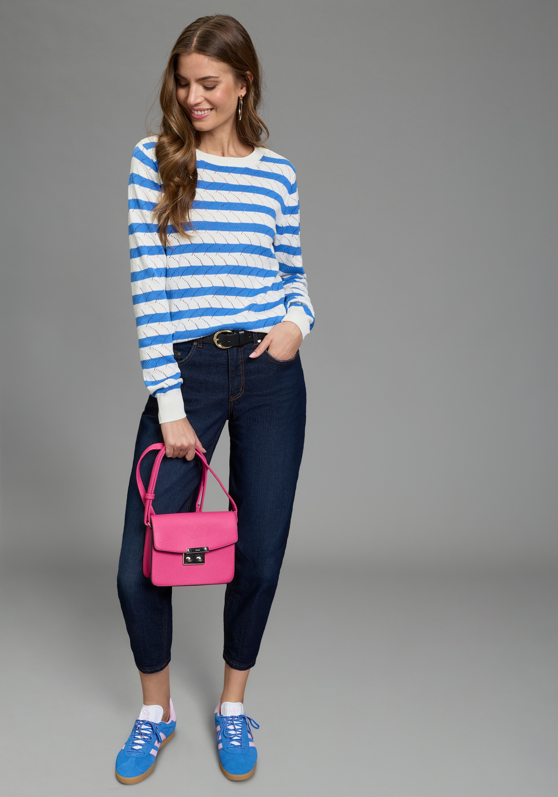 Laura Scott Pull ajouré leichter Übergangspullover mit moderner Struktur und Streifen