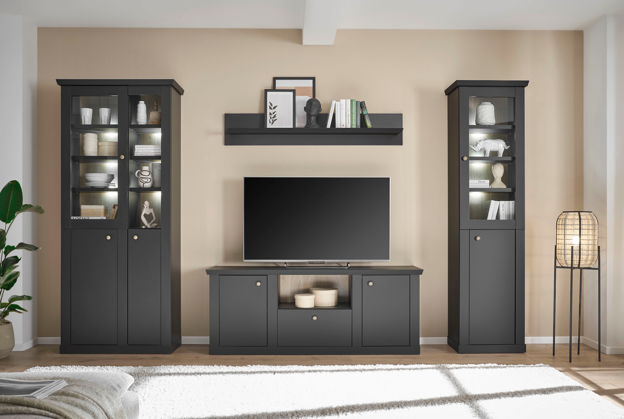 Home affaire Vitrine »Lincoln, Hochschrank im Landhausstil, moderne Glasvitrine« edles Design, messingfarbene Knopfgriffe, vielseitig einsetzbar