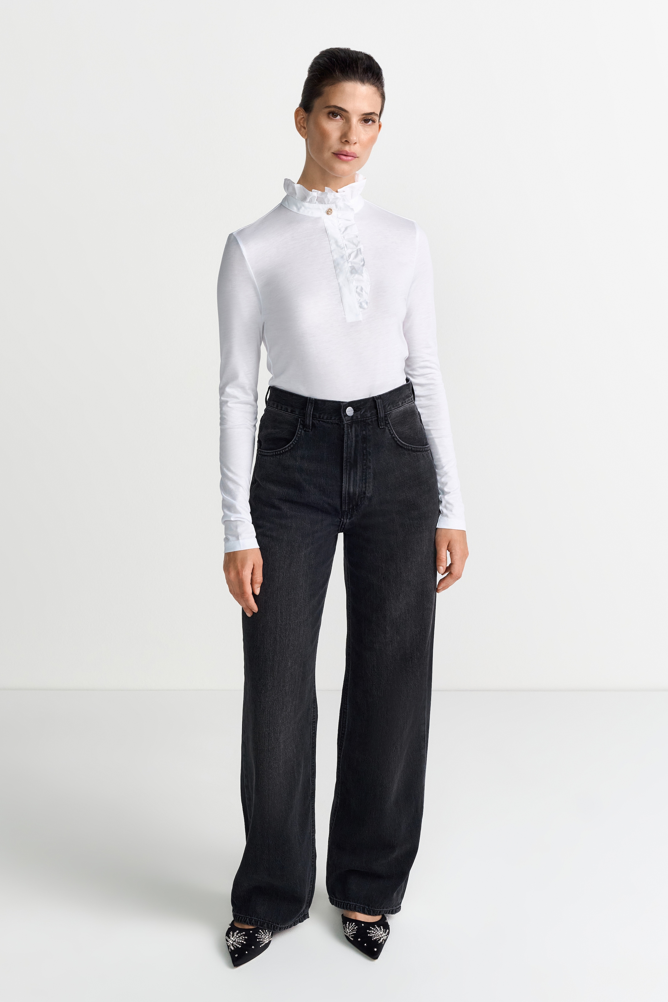 RICHROYAL T-shirt à manches longues mit Rüschenkragen, gerader Schnitt