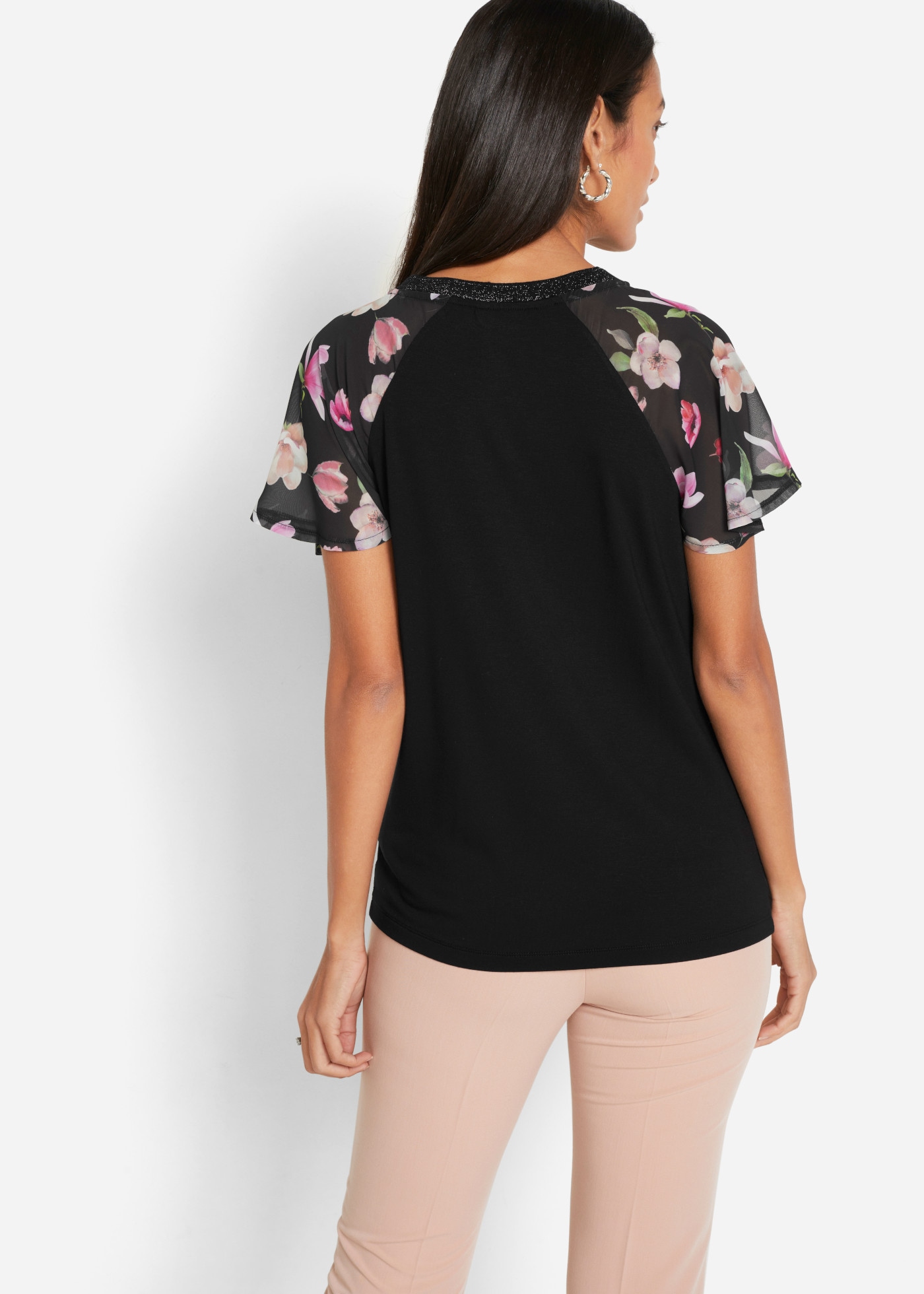 bonprix T-shirt coupe confortable, manches courtes, avec manches en chiffon