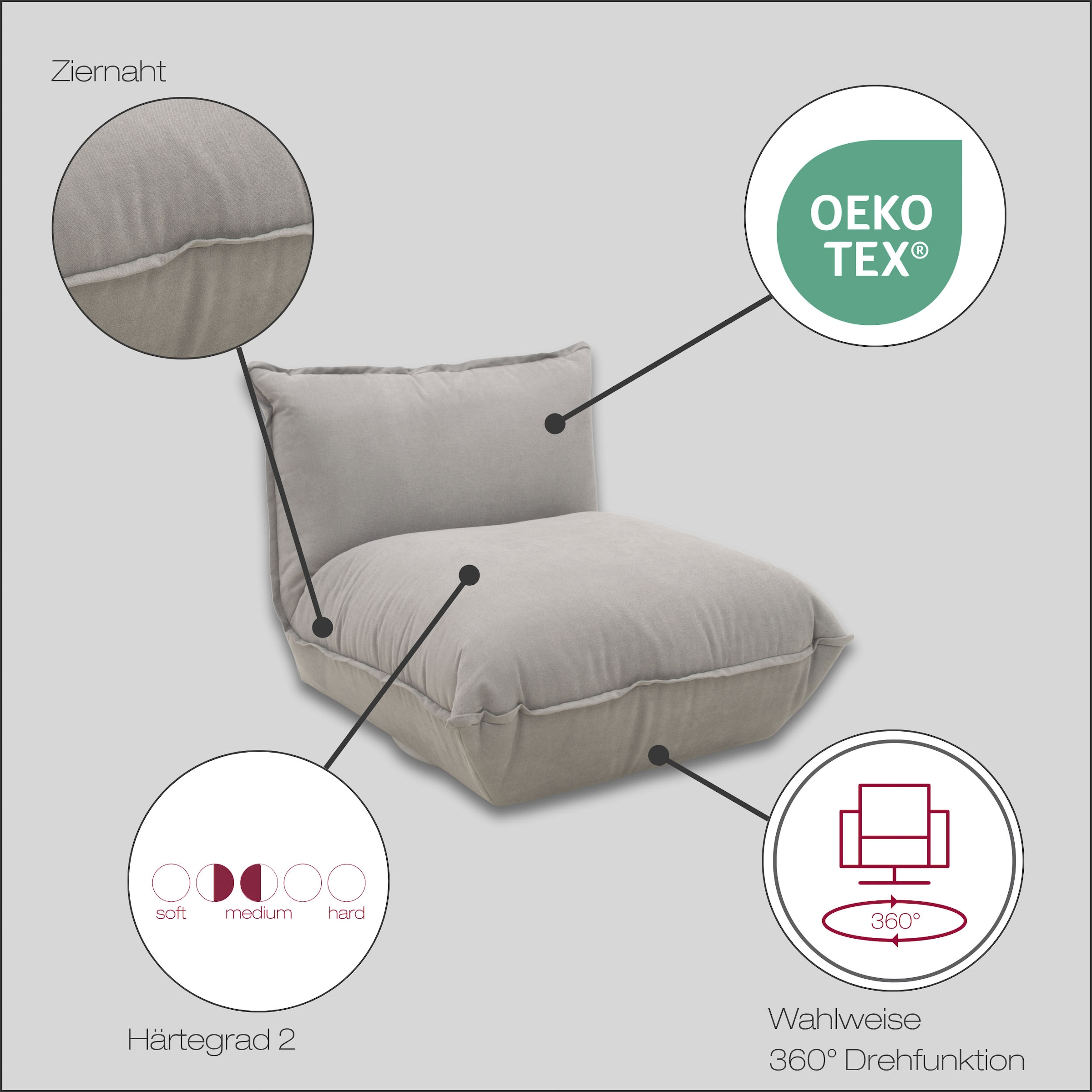 DOMO collection Sessel »Nantes Loungesessel, Wohlfühlsessel« hochwertig gepolstert mit Federkern, Struktur weich, grau