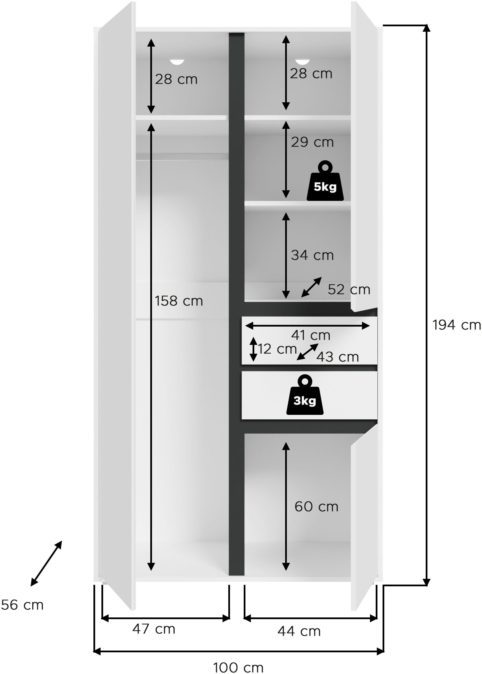 Home affaire Armoires à vêtements »NULA, Schlafzimmerschrank, Garderobe, Schrank« in verschiedenen Ausführungen und Farben erhältlich, 1 cuis tlg. 3 Türen, 2 Schubkästen, 1 E-Boden, 5 K-Böden, 1 Kleiderstange