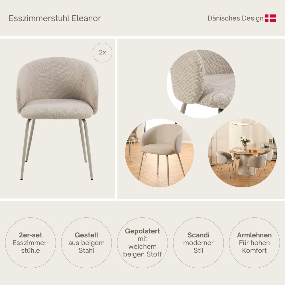 ACTONA GROUP Chaise de salle à manger »Eleanor Esszimmerstuhl mit Armlehnen, 2 Stück, weicher Stoff« (Set) Stahlgestell, organisch,  zeitloses skandinavisches Design