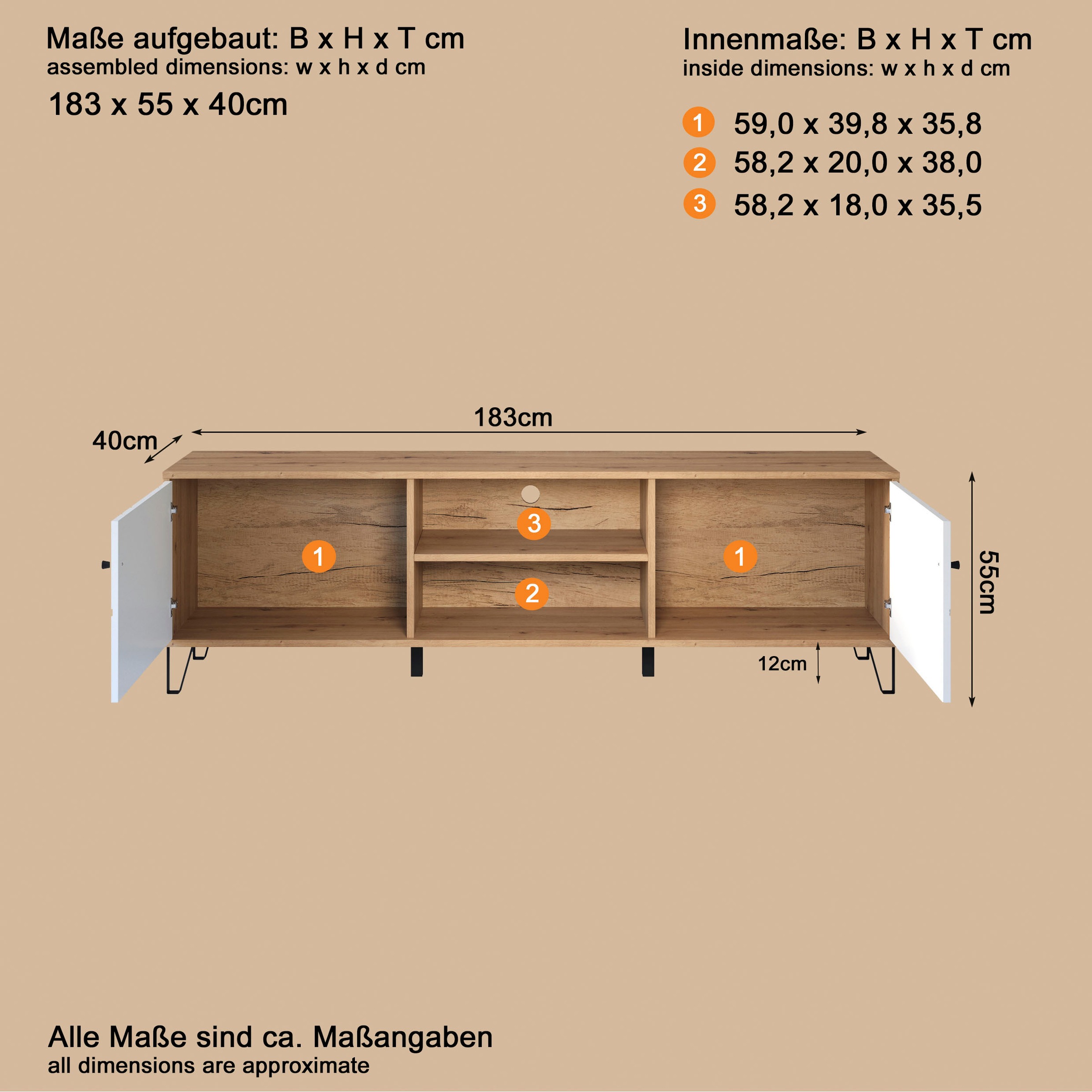 Home affaire Table basse »Tarragona TV-Kommode« Meuble TV avec 2 portes & 2 compartiments - (L/P/H) 183/40/56 cm