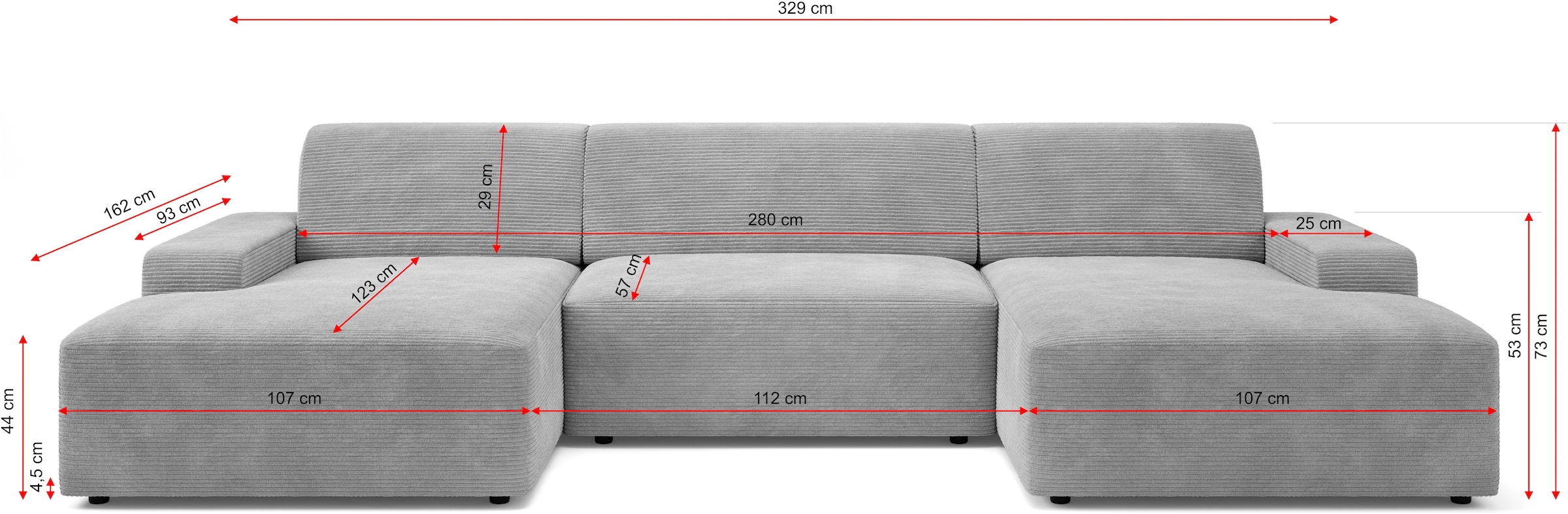 TRENDMANUFAKTUR Paysage de salon »Wien, wahlweise mit Sitzvorschub und Bettkasten, Breite 329 cm« Forme en U, en velours côtelé tendance
