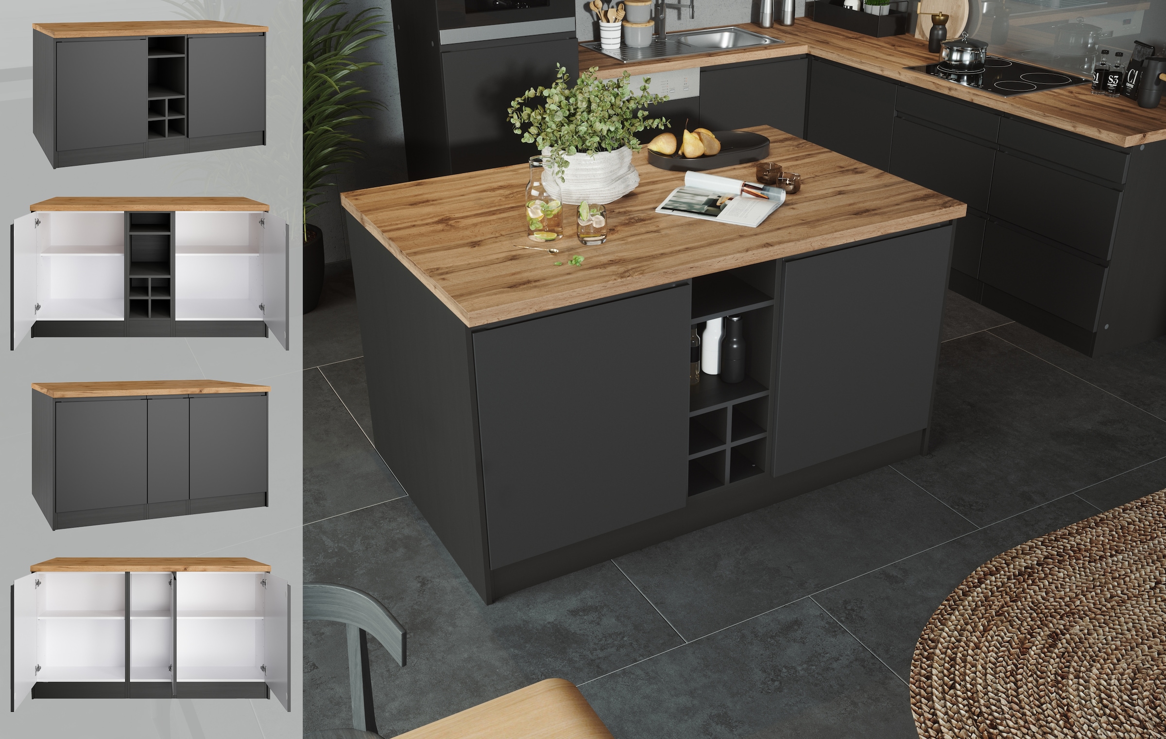 KOCHSTATION Ilot de cuisine »KS-Bruneck, Breite 153 cm« façades MDF, plan de travail épaisseur 38mm