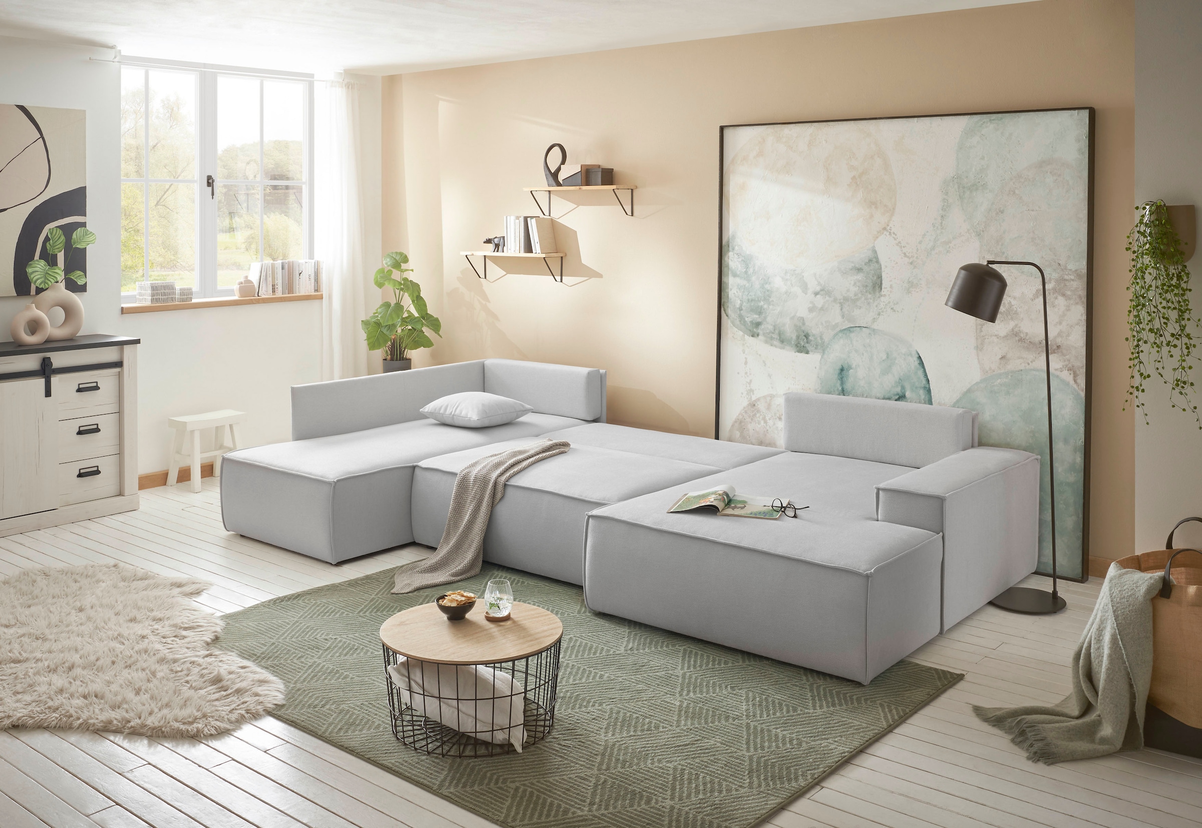 andas Paysage de salon »FINNLEY, U-Form XXL 329 cm, Schlafsofa, Schlaffunktion m. Bettkasten« verfügbar in den Stoffqualitäten Bouclé, Struktur fein und Mega Cord
