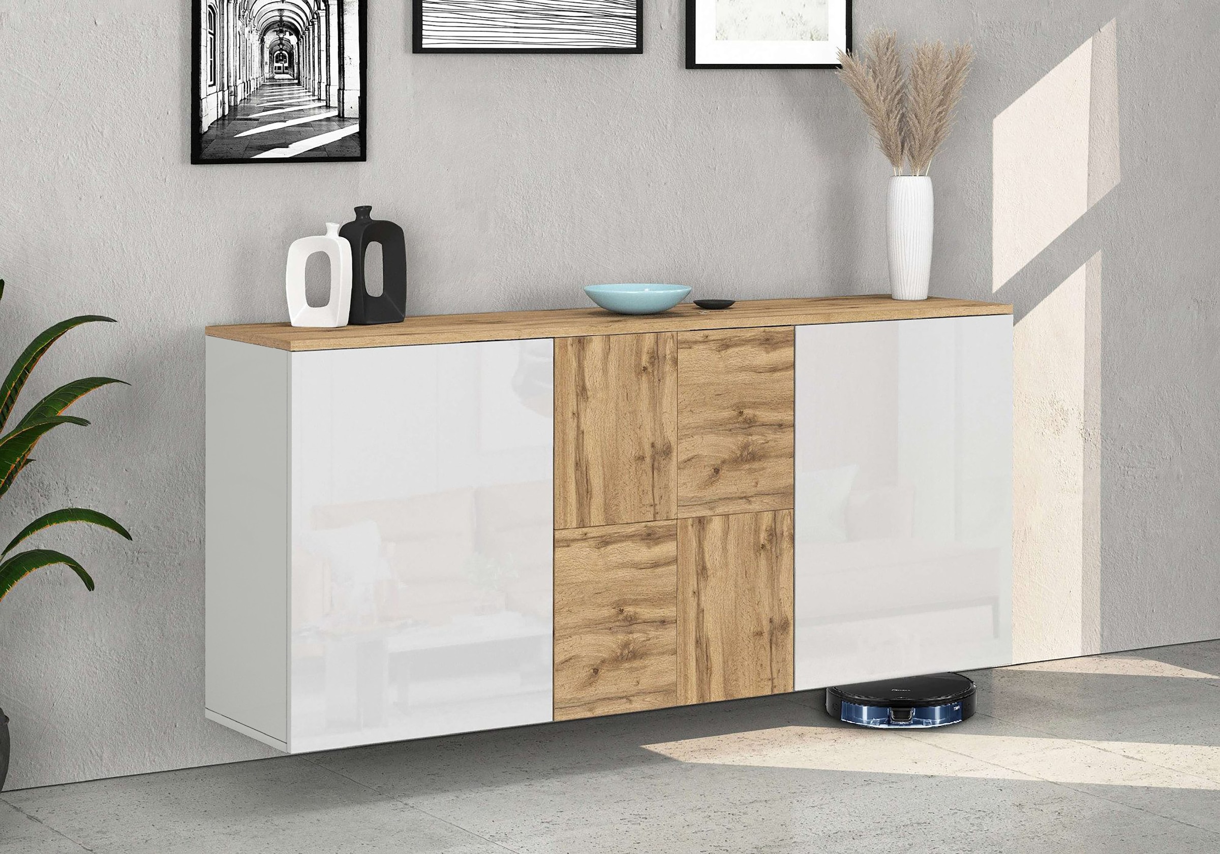 GOODproduct Sideboard »ISEO, Kommode, Schrank, Sideboard, Lowboard, 6 Fächer, Breite 150 cm« 1 Stk. tlg. stehend/hängend, 3 Türen Hochglanz lackiert, Made in Italy