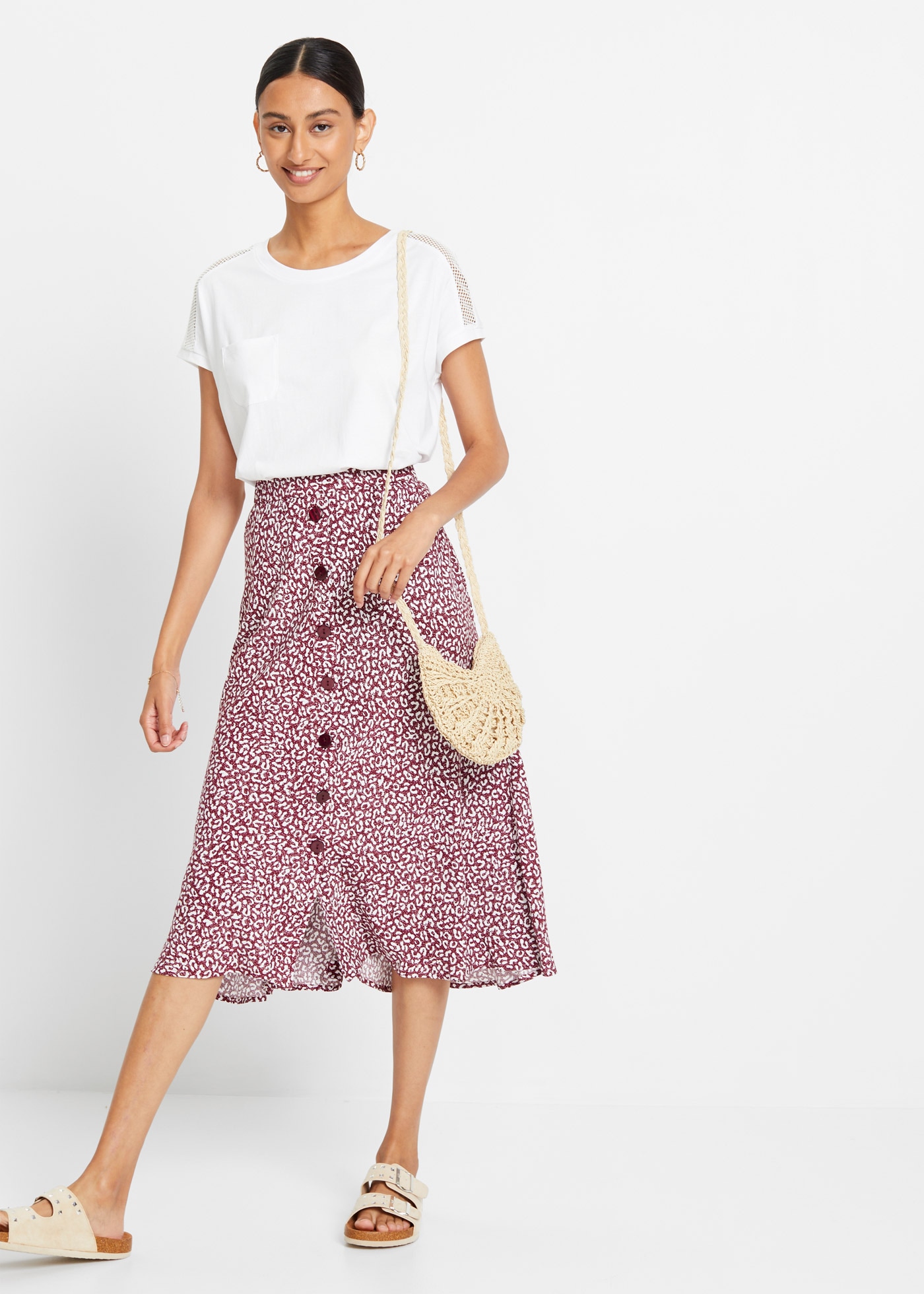 bonprix Sommerrock aus Viskose, ausgestellte Passform, grafisches Muster, mit Gummizug