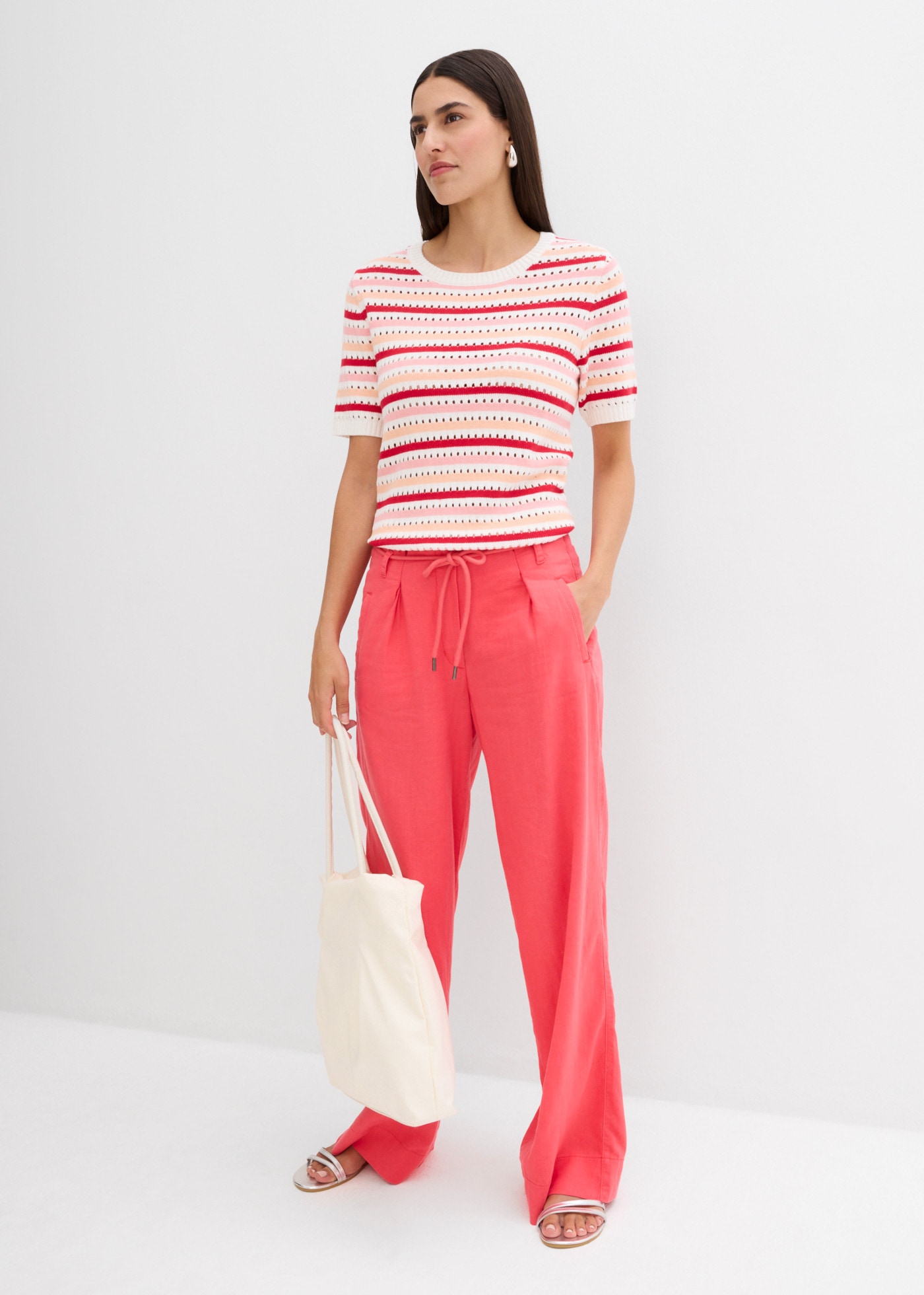 bonprix Pantalon paperbag  jambe large, en lin et viscose, avec ceinture corde, coupe décontractée
