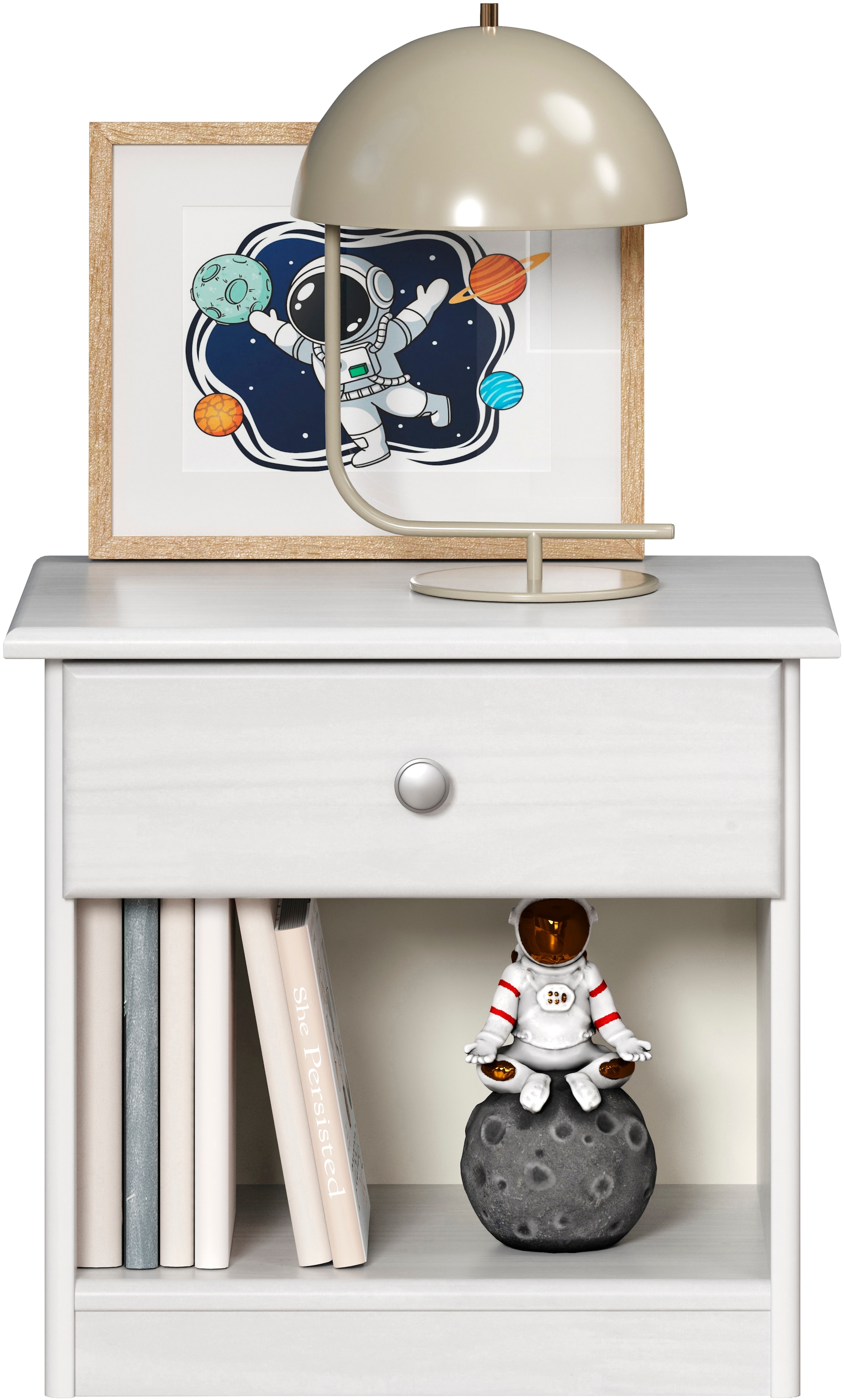 Home affaire Table de nuit »Delsbo Nachtschrank Schrank Schlafzimmer Beistellschrank« Landhaus Design aus Kiefernholz, 1 cuis tlg. Massivholz Nachttisch Weiss lackiert - Nachtkonsole (B/T/H) 44/34/41 cm