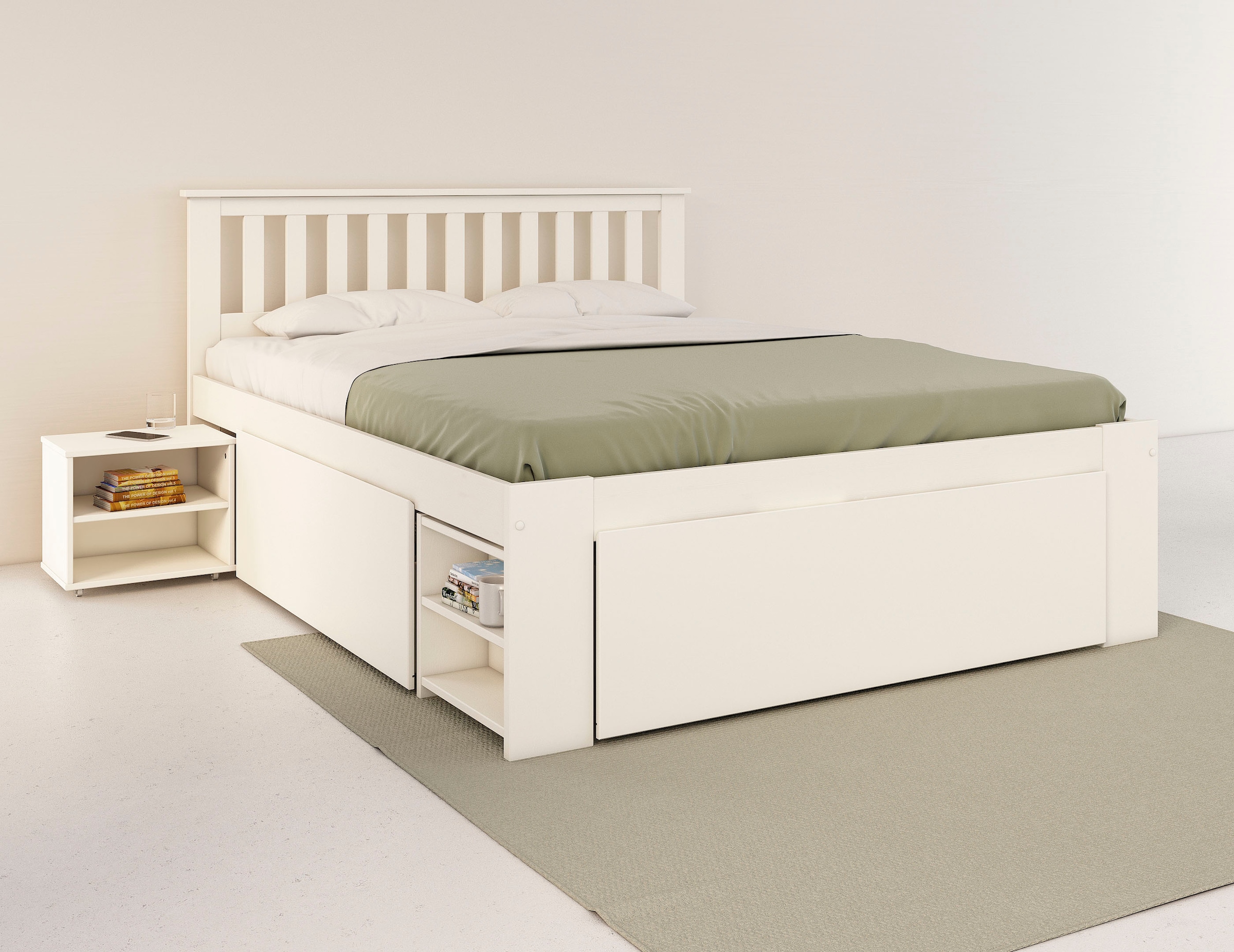 GOODproduct Lit en bois massif »Kallvin, platzsparend, 3 Bettkästen, Nachtschränke ausziehbar« comprend un sommier à lattes, 3 coffres de lit, certifié FSC®