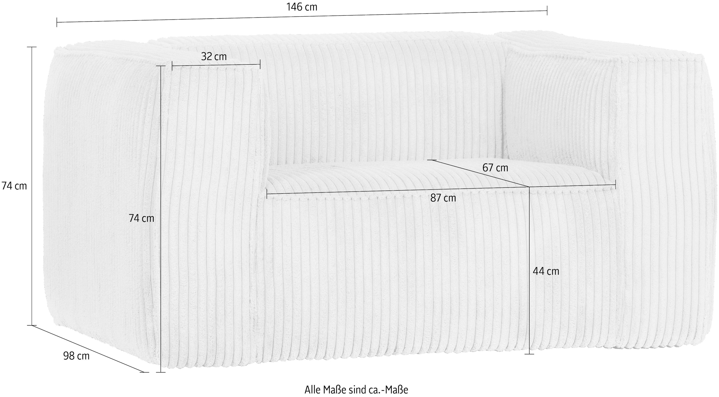 WOOOD Fauteuil lounge »Bean mit Split-Rippenbezug und Armlehnen B 146 x T 98 x H 74 cm« haute résistance à l'usure, imprégnation Téflon, capacité de charge 100 kg