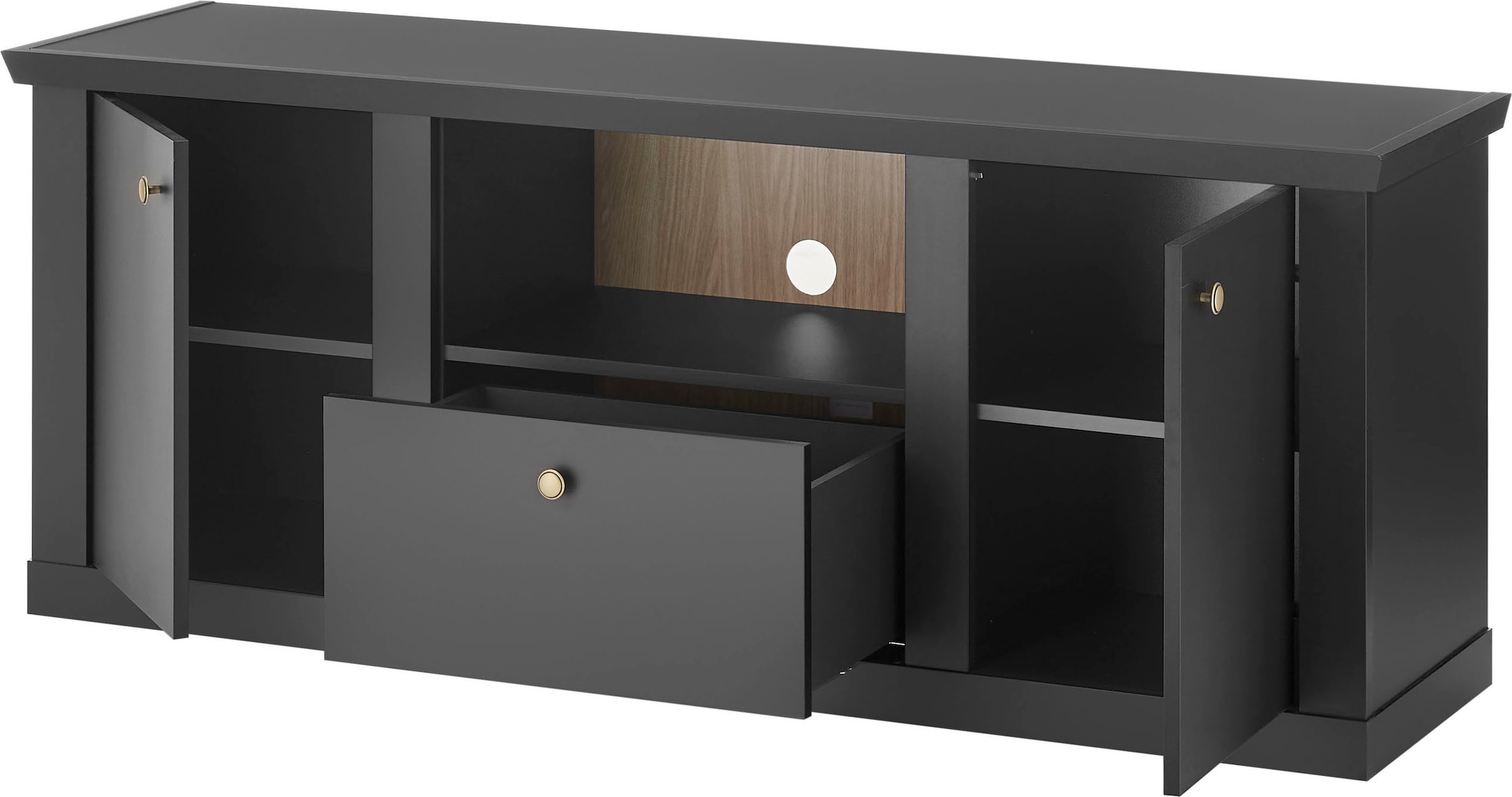 Home affaire Lowboard »Lincoln, moderner TV-Schrank, schwarze Kommode, TV-Unterschrank« edles Design, messingfarbene Knopfgriffe, in 2 Grössen verfügbar