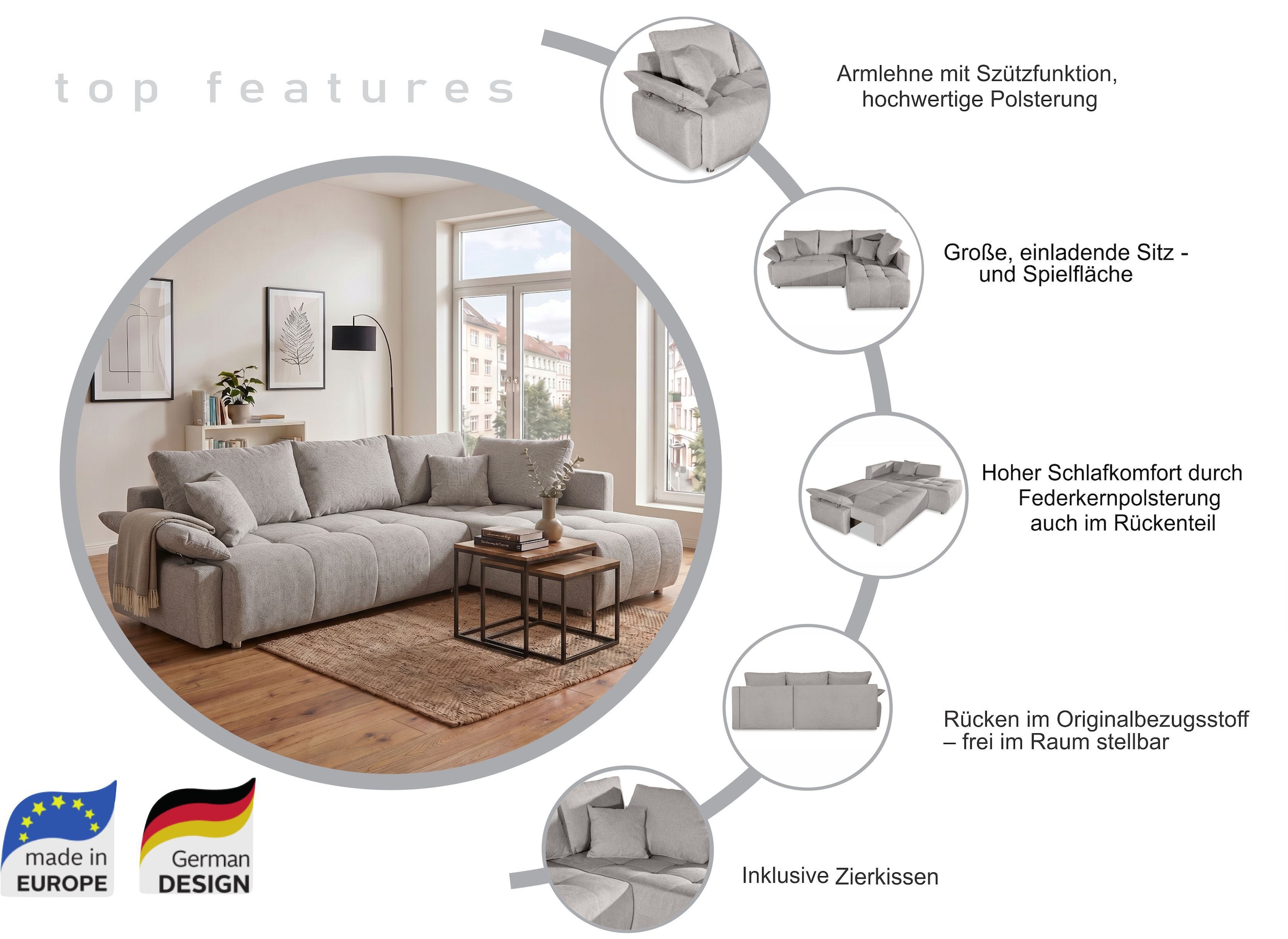 COLLECTION AB Canapé d'angle »Funtastic, Breite 213 cm« avec fonction sommeil, coffre de lit, réglage des accoudoirs et ressorts Bonnell