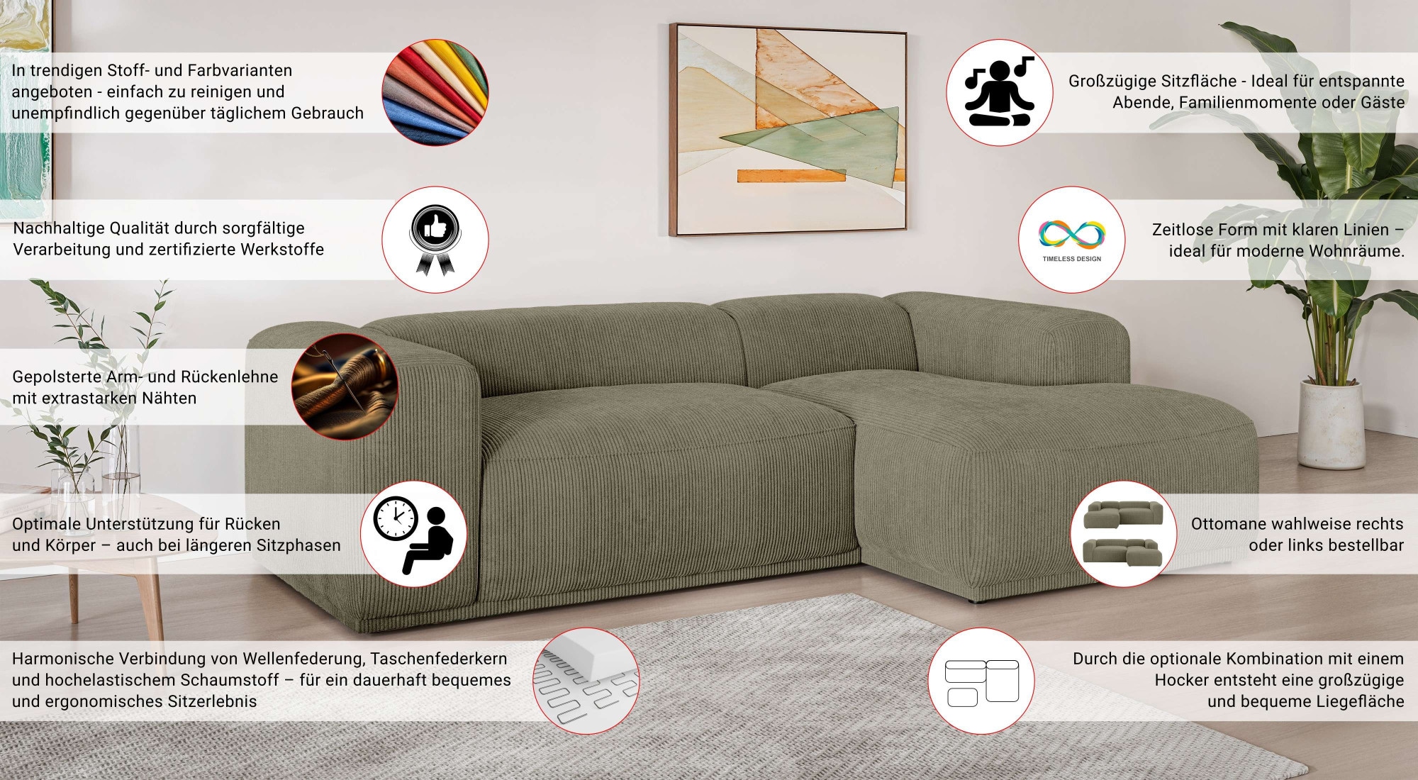 s.Oliver Canapé d'angle »EMMERIK Designersofa, L-Form mit Wellenfederung, B/T/H: 260/155/73 cm« hoher Sitzkomfort, gemütlich und modern, auch in Cord