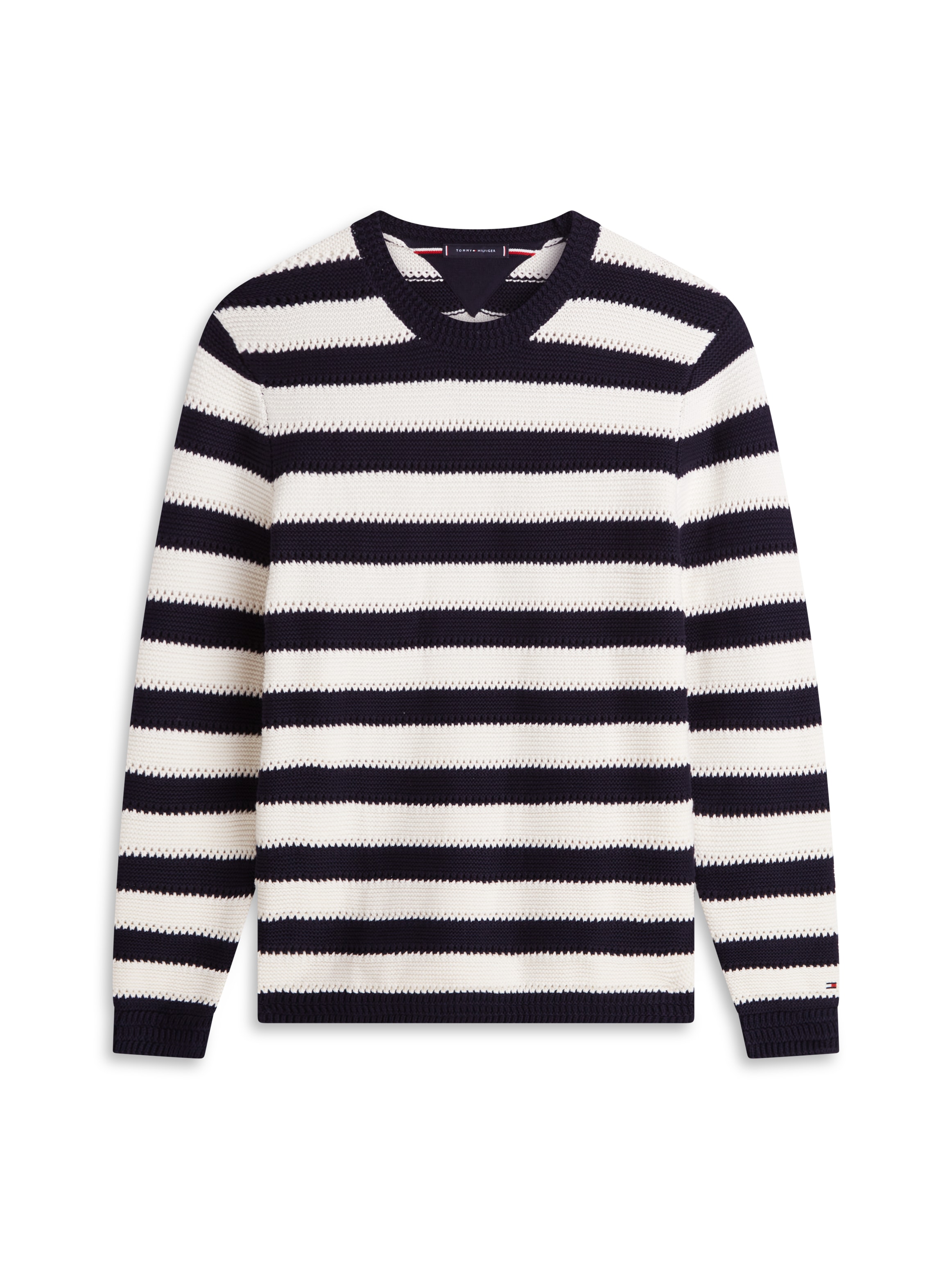 Tommy Hilfiger Pull à col rond »CROCHET BLOCK STRIPE CREW NECK« Gestreifter Relaxed Fit Häkelpullover