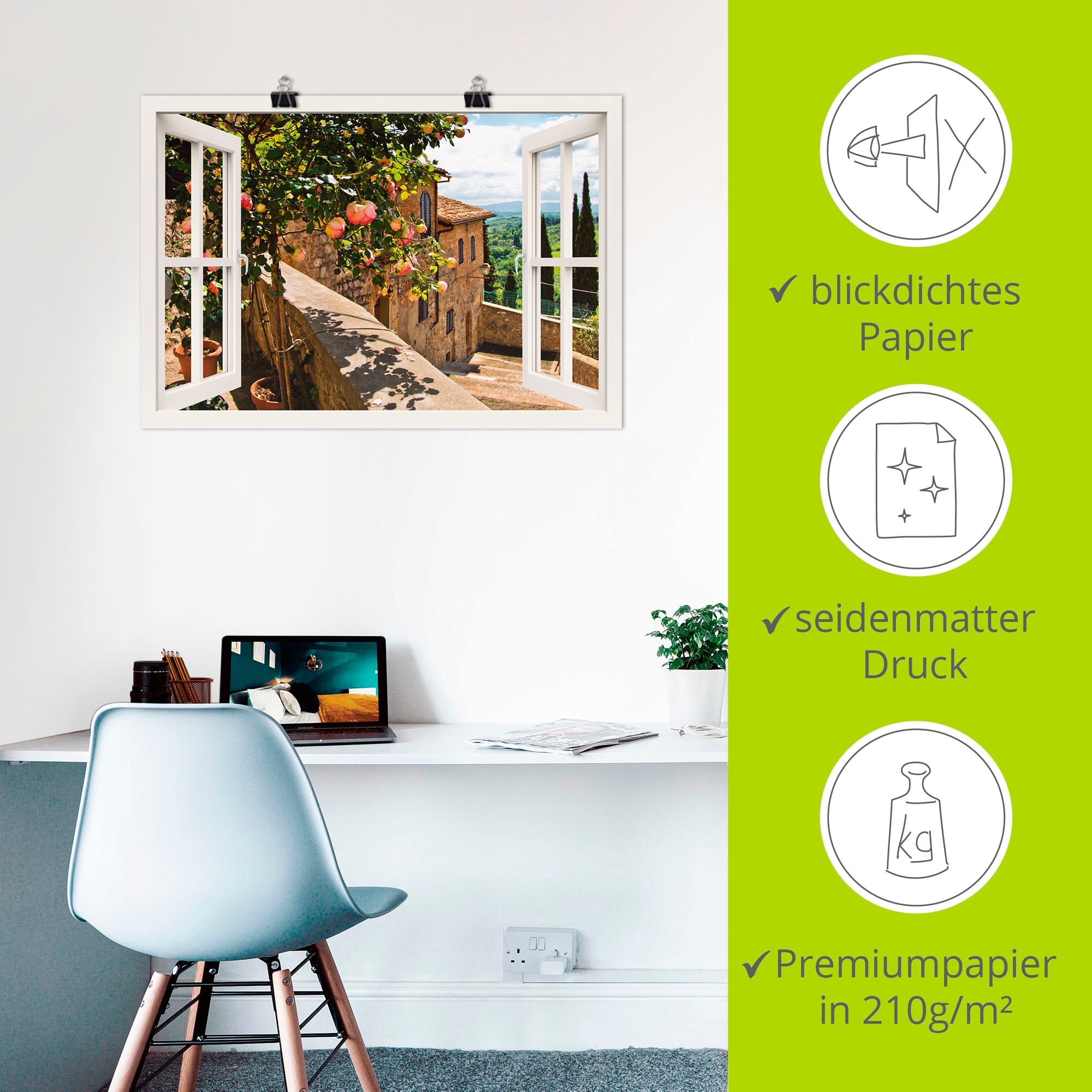 Artland Wandbild »Fensterblick Rosen auf Balkon Toskana« Garten 1 Stk. tlg. als Alubild, Leinwandbild, Poster in verschied. Grössen