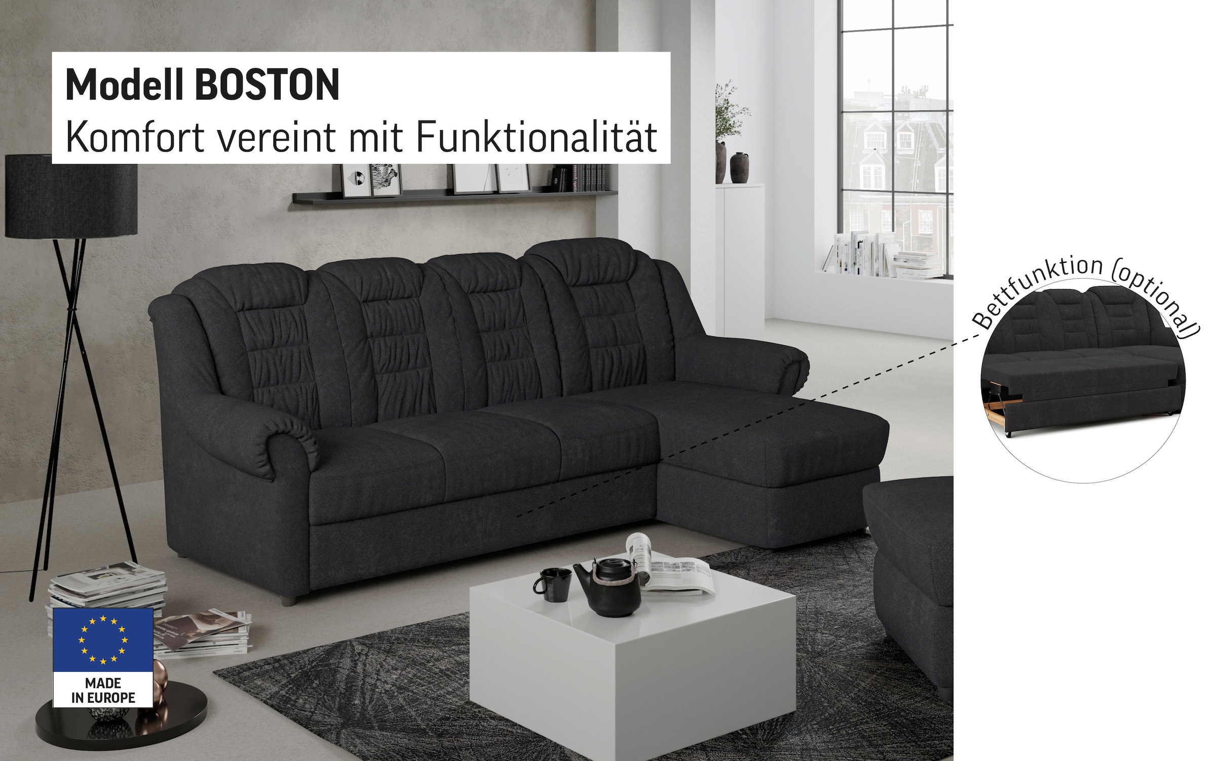 Home affaire Ecksofa »Boston L-Form« mit hoher Rückenlehne, wahlweise mit Bettfunktion