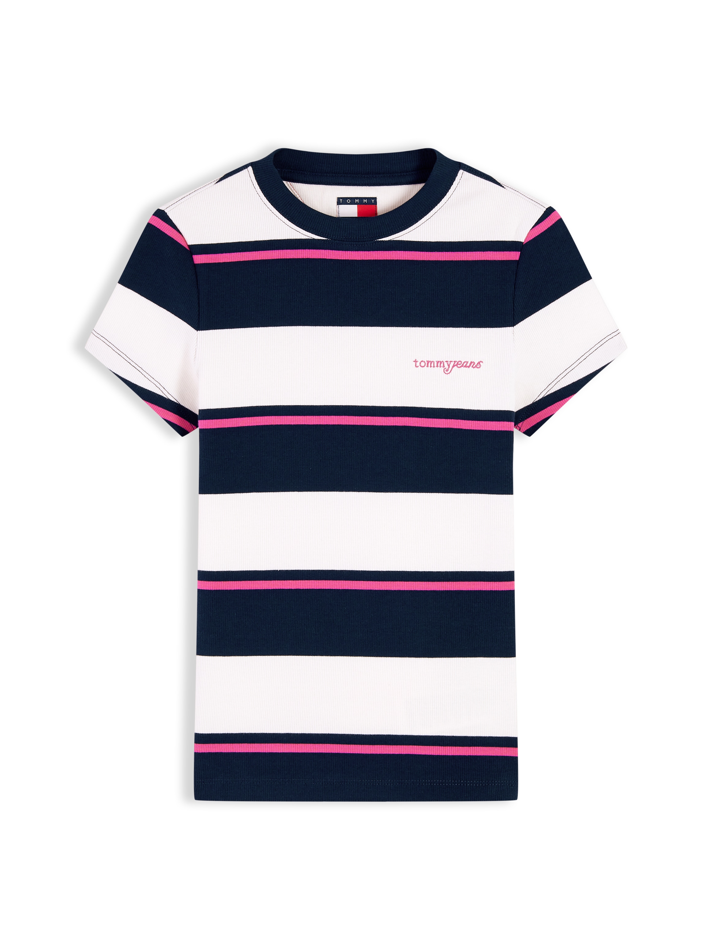 Tommy Jeans Shirt à col rond »TJW SLIM RIB SCRIPT SS TEE« Mélange de coton, coupe slim, ajustée, en structure côtelée