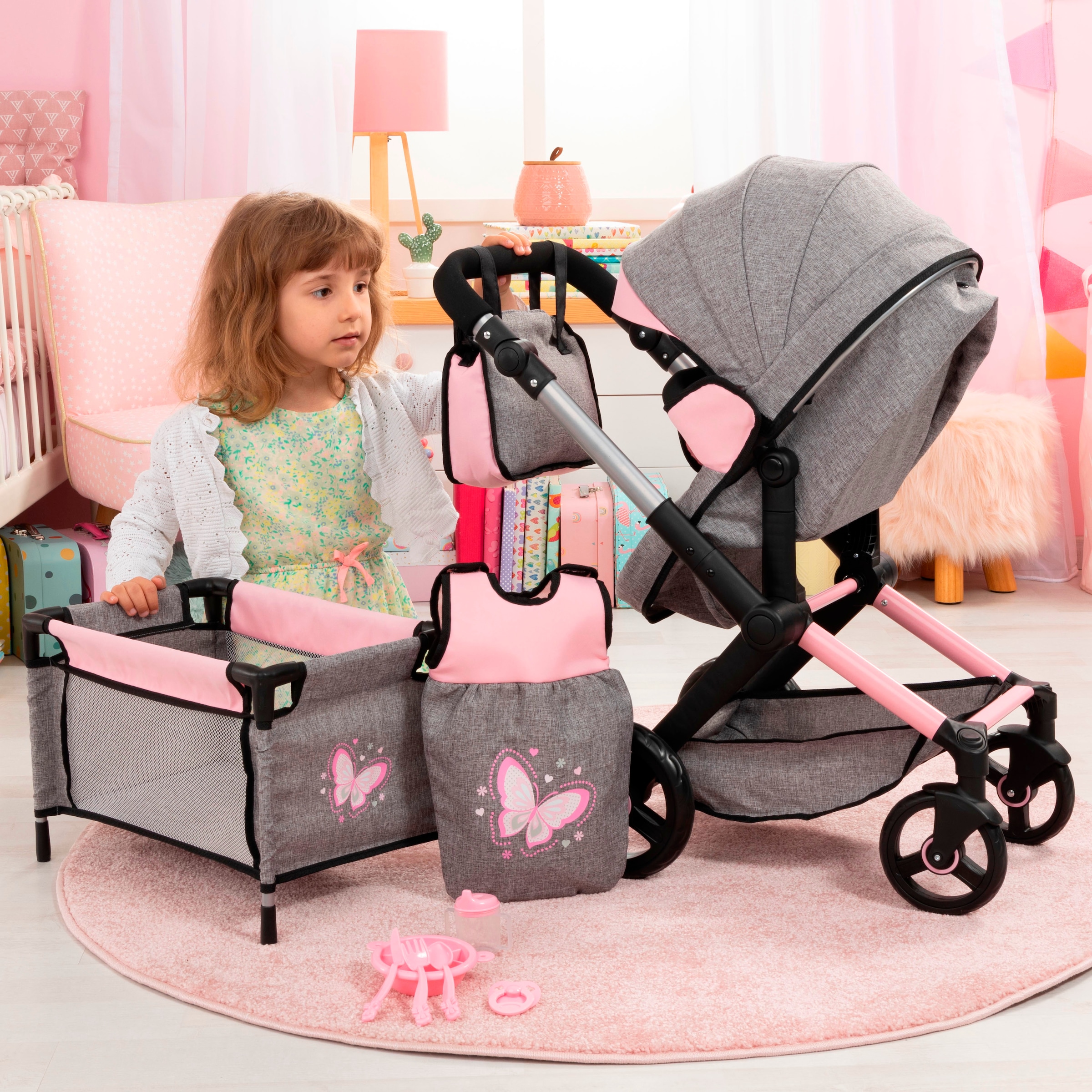 Bayer Poussette de poupée combinée »Xeo Mega, grau/rosa«
