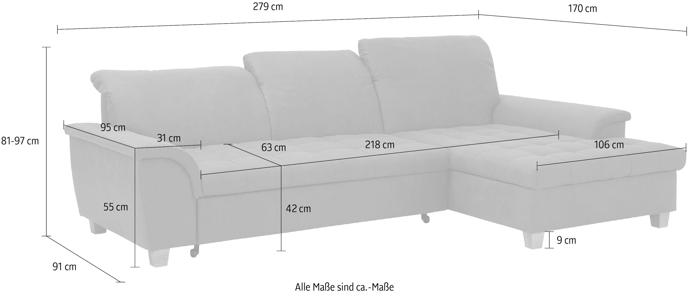 Home affaire Ecksofa »Lyla L-Form« mit Recamiere, wahlweise mit Rückenfunktion und zusätzlich mit Bett