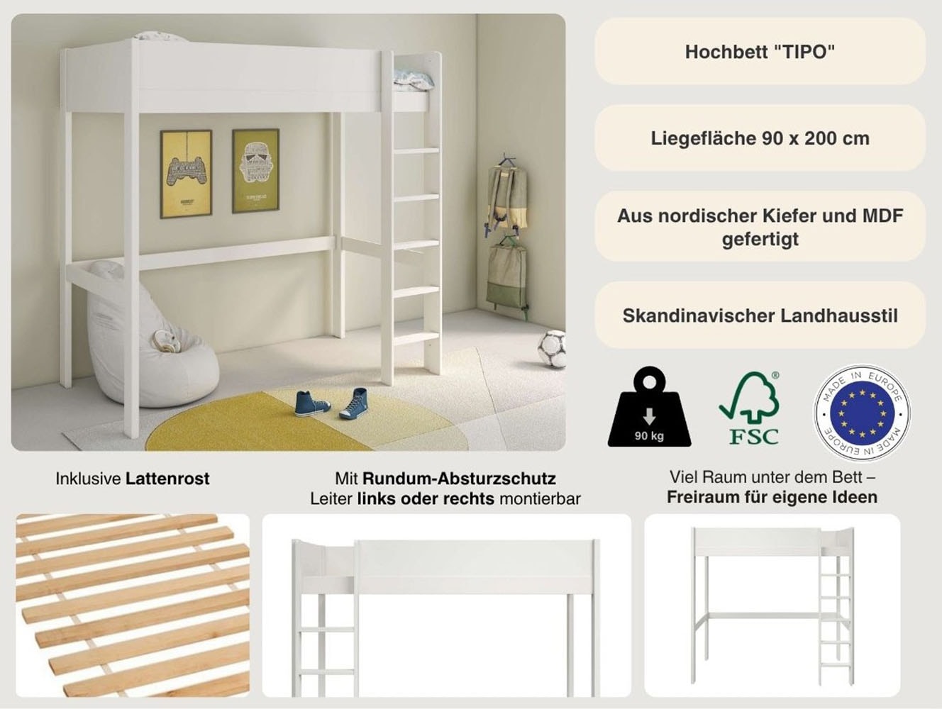 Lüttenhütt Hochbett »TIPO, Topseller, Kinderbett, Leiter links oder rechts montierbar« B/H/T 200x190x90cm,  FSC® zertifiziertes Massivholz, Rundum-Absturzschutz,