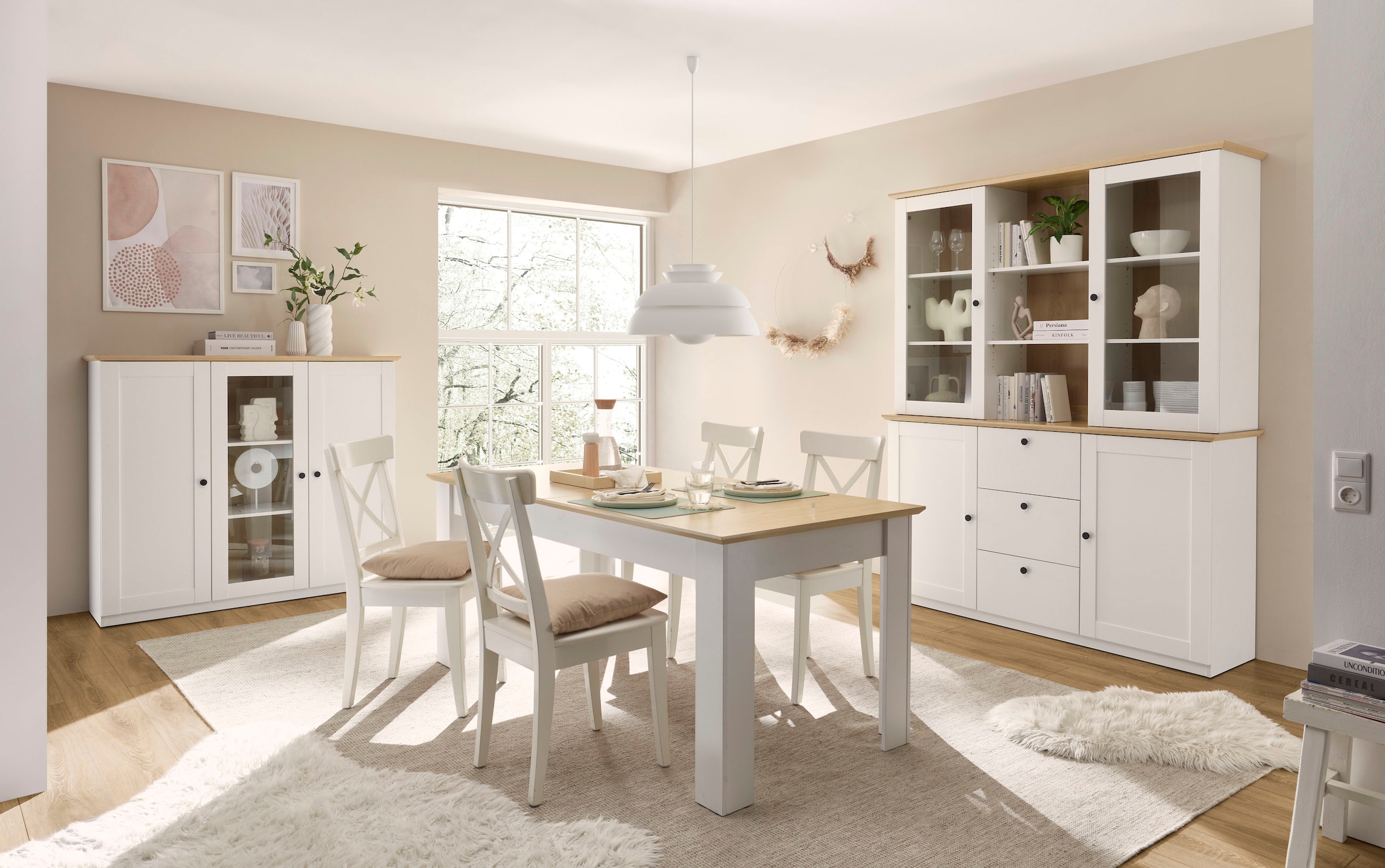 GOODproduct Buffet »Brest, Hochschrank im Landhausstil, Schrank, Küchenschrank« schwarze Metallgriffe, viel Stauraum, Glastüren, 164 cm breit