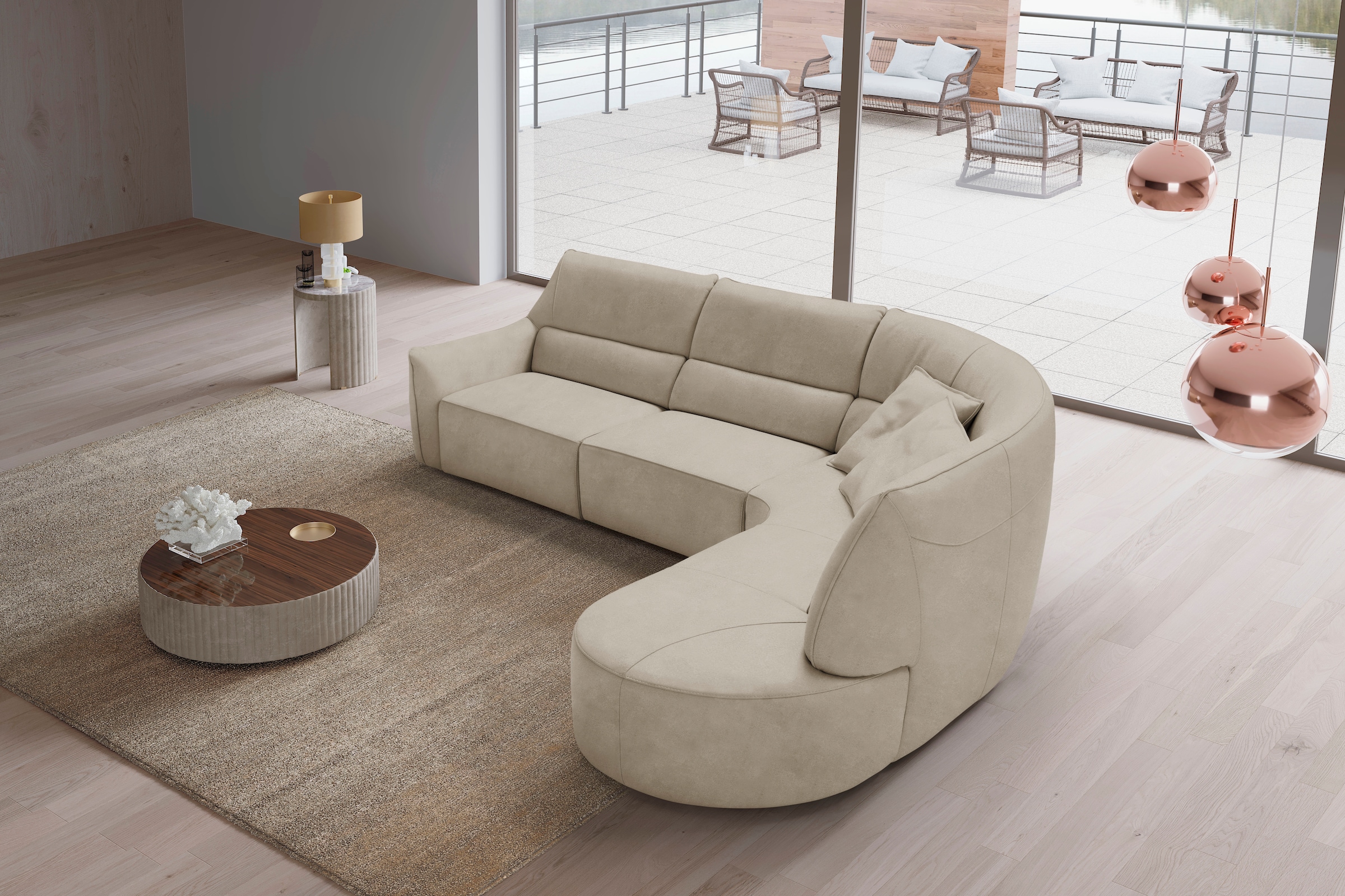 Egoitaliano Canapé d'angle »Puffy, extravagant & edel, Retro Designsofa, hoher Sitzkomfort, L-Form« mit Ottomane, wahlweise mit und ohne elektrischer Relaxfunktion