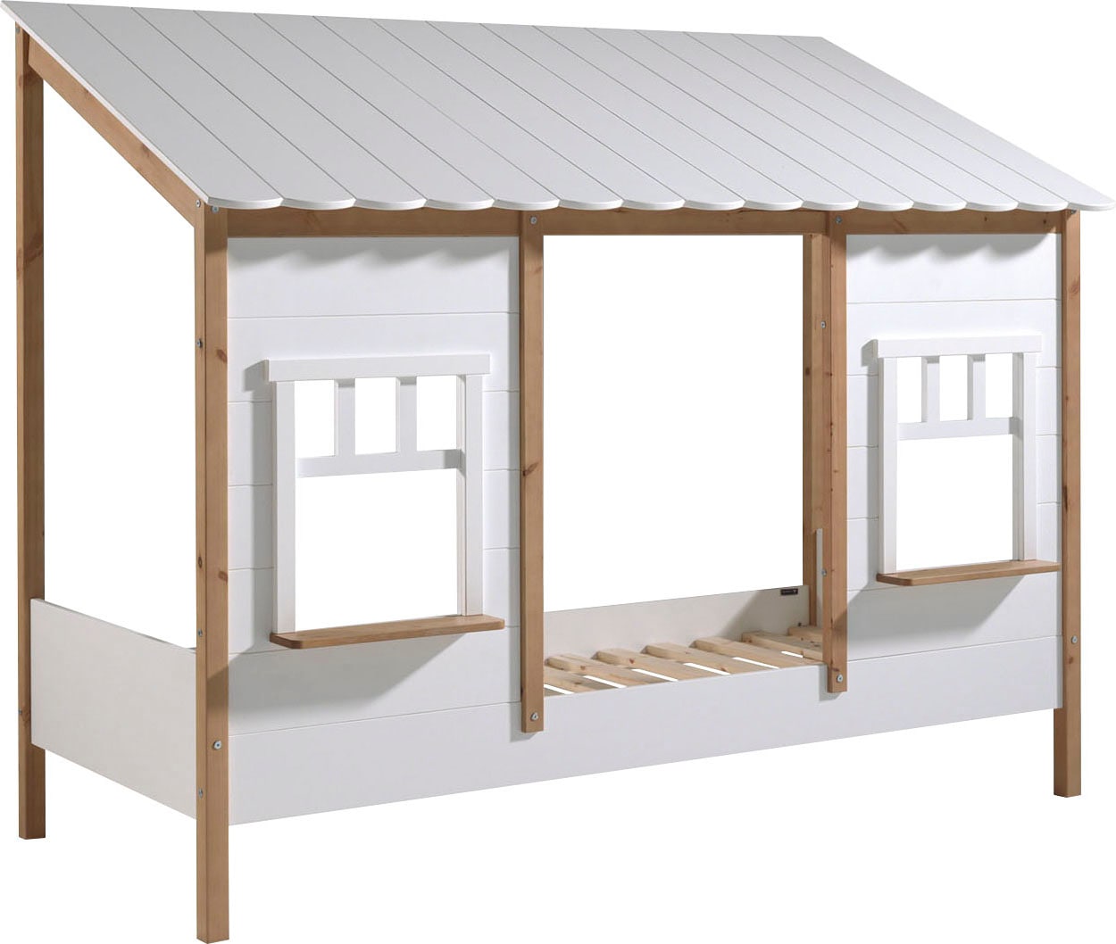Vipack Kinderbett »Hausbett, aus MDF und Massivholz weiss lackiert mit farblichen Absatz« B/H/T ca. 214,5x174x107,5cm, vorne 2 Fenster, mit Liebe zum Detail,  inkl. Rolllattenrost, wahlweise mit oder ohne Bettschublade auf Rollen